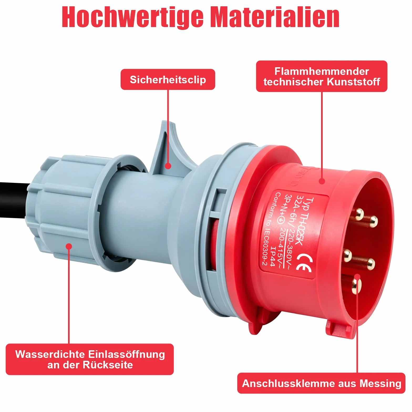 Adapter CEE 32 A wtyczka na złącze 16 A, 3-fazowy adapter prądu silnego, kabel VED, 5-rdzeniowy rdzeń z mosiądzu, 5 x 2,5 mm², kabel zasilający 415 V maks. IP44, 32 A na 16 A, odpowiedni do przemysłu