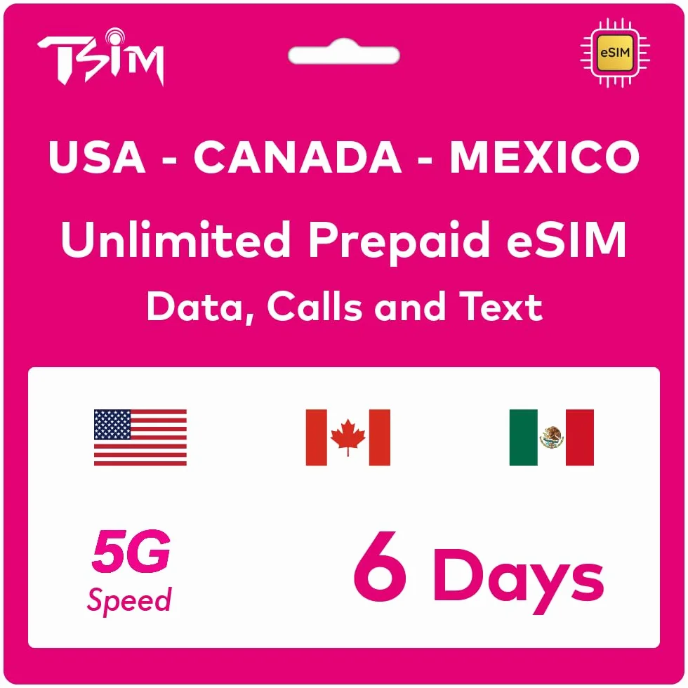 TSIM Przedpłacona przez 6 dni eSIM dla USA | Nieograniczone dane 4G/5G w USA + Nieograniczone dane przy niskiej prędkości w Kanadzie i Meksyku | Nieograniczone połączenia lokalne + bezpłatne