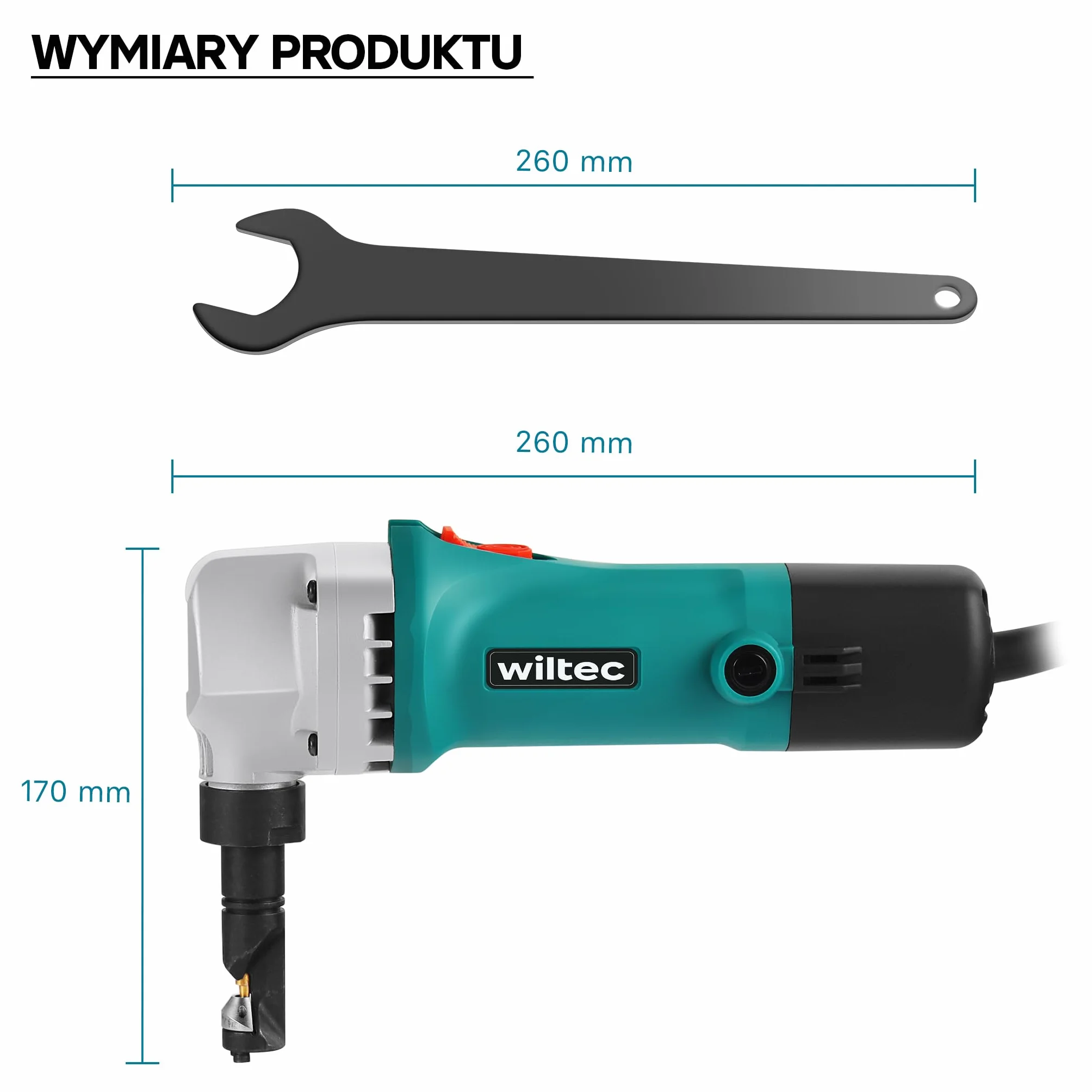 Wiltec Nożyce do blachy elektryczne 500 W, maks. głębokość cięcia 2,5 mm bez deformacji do blach prostych i falowanych, obrotowa głowica 360°