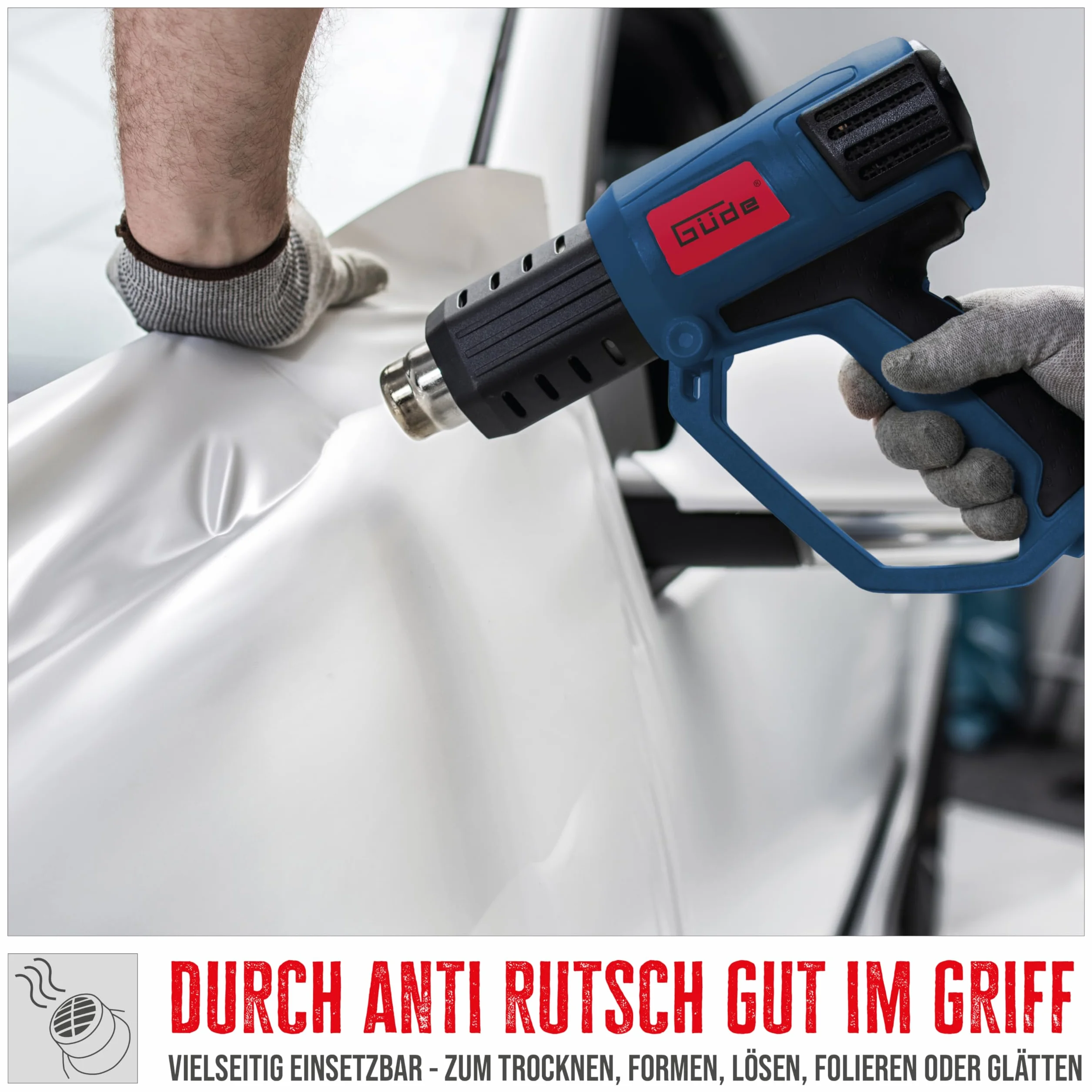 Güde 58121 HLG 650-2000 LCD dmuchawa na gorące powietrze pistolet (wskaźnik temperatury LED, 50-650°C, 4 dysze nasadkowe, 2000 W)