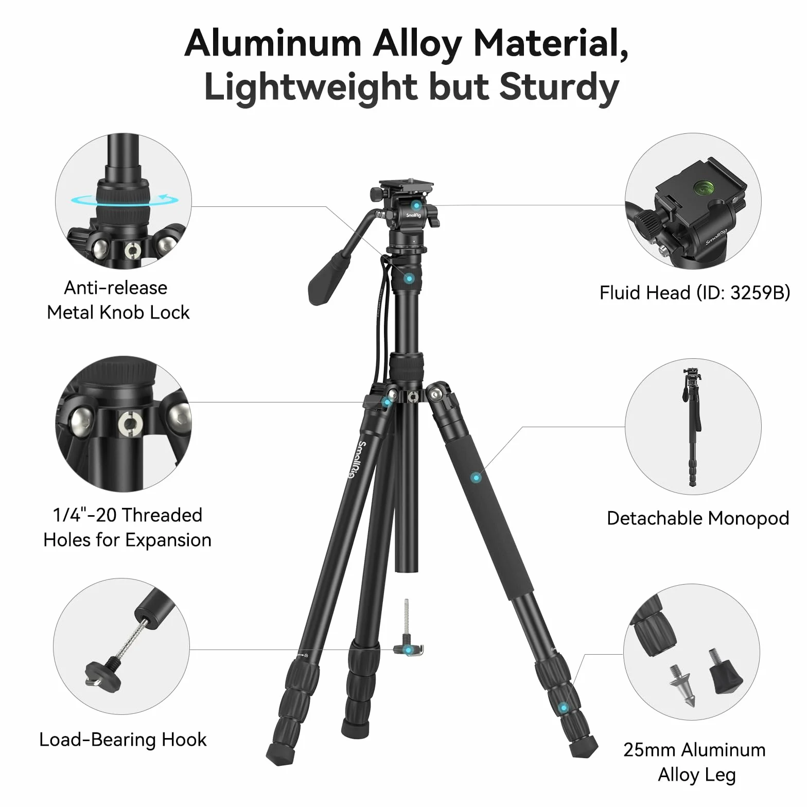SMALLRIG 3760B Statyw aluminiowy 183 cm 3 kg do wideo transmisji na żywo vlogowania