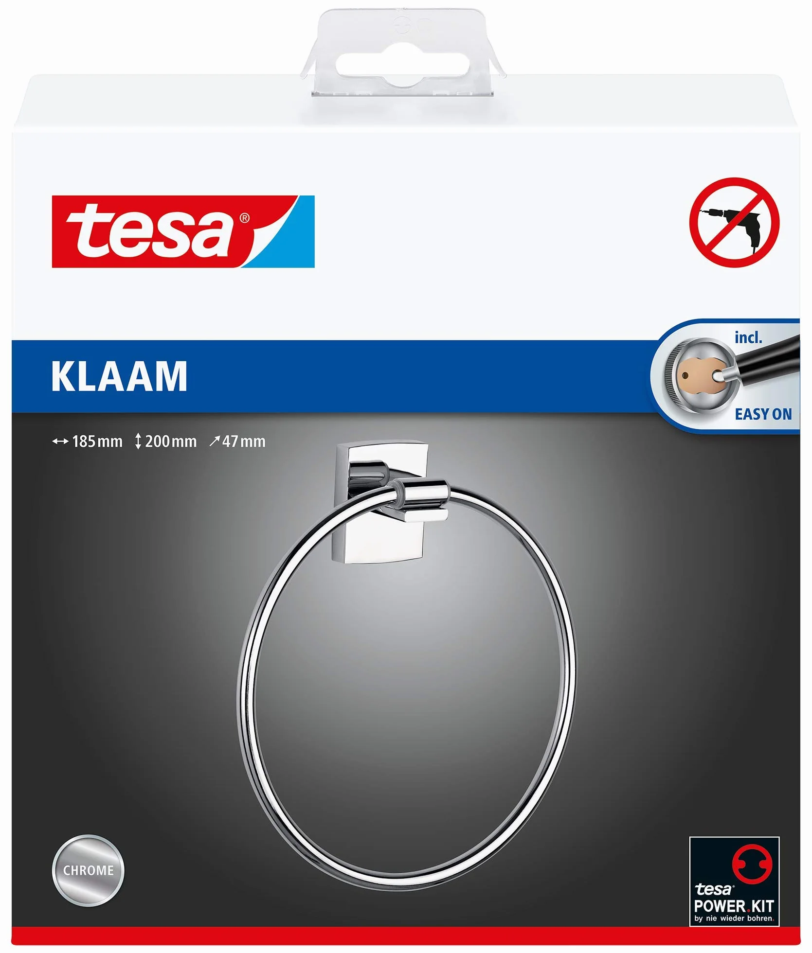 tesa klaam wieszak na ręcznik do łazienki – samoprzylepny uchwyt na ręczniki – metal chromowany na wysoki połysk – 175 mm x 195 mm x 45 mm