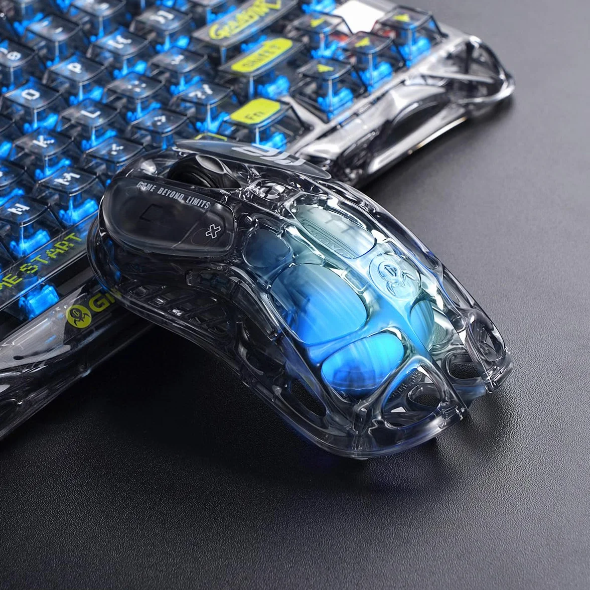 GravaStar Mysz do gier, mysz komputerowa MMO z odbiornikiem 4K, 26000 dpi, 88 g lekka konstrukcja wydrążona, 5 programowalnych przycisków, 5 trybów synchronizacji RGB (przezroczysty czarny)