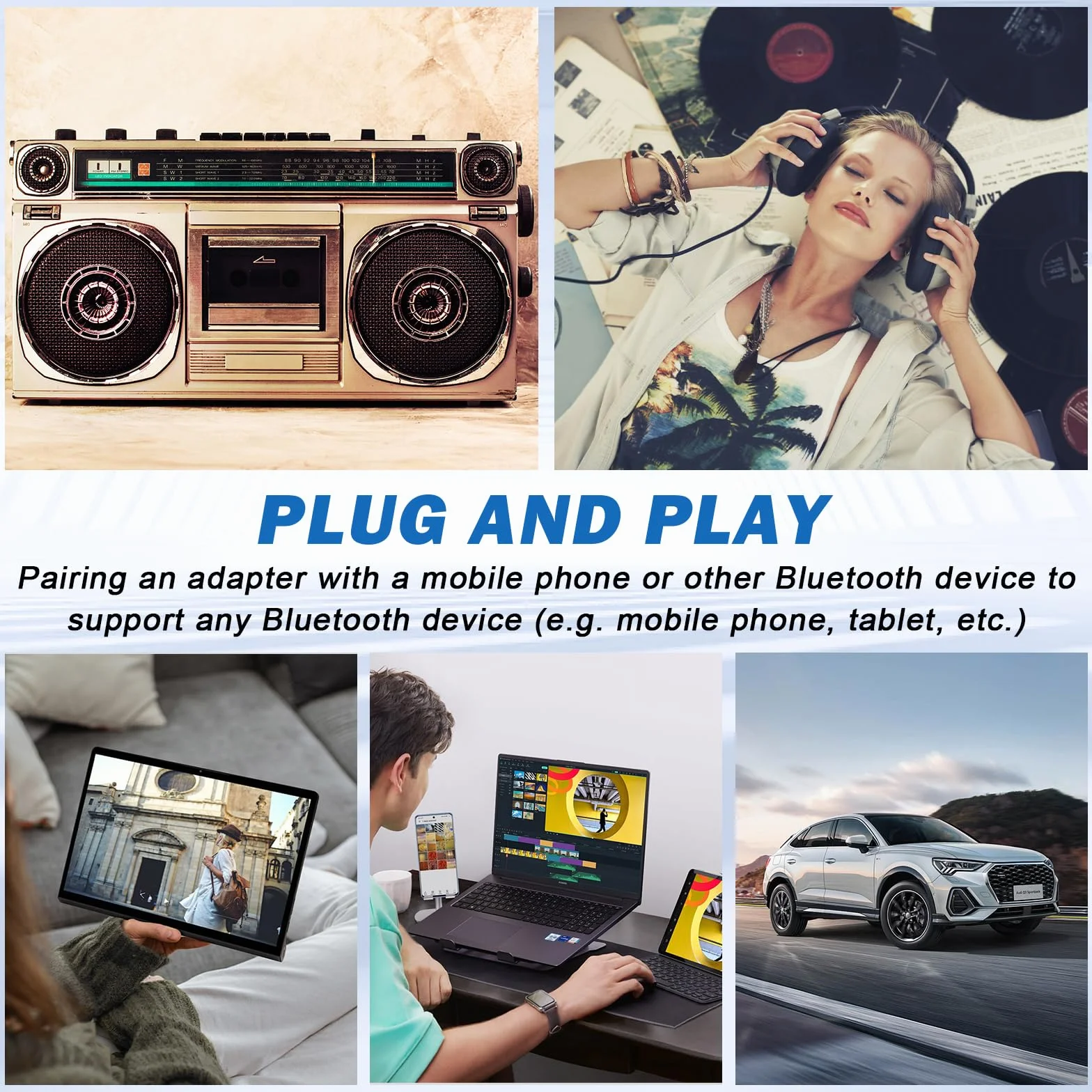 Sporgo Adapter kaset do radia samochodowego: Bluetooth 5.0 do odbiornika AUX, adapter samochodowy AUX, czarny