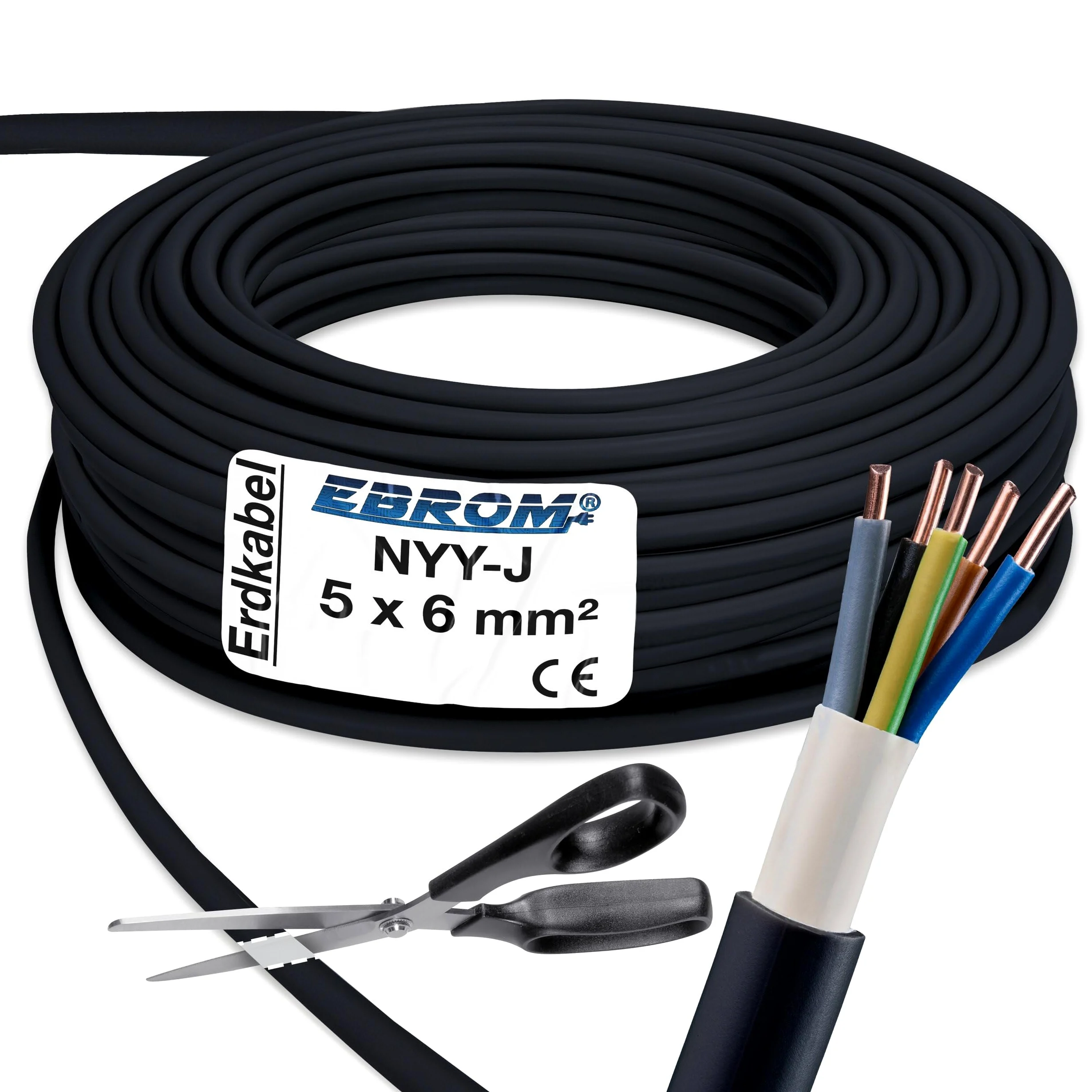 NYY-J 5 x 6 mm² kabel zasilający, czarny, duży wybór ilości, od 1 m, dostarczany w jednym kawałku