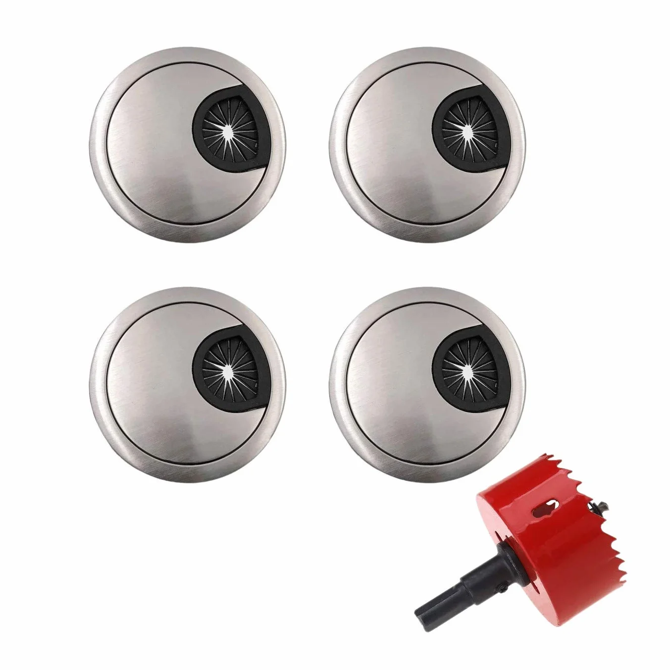 JZK 4 x metalowy przepust kablowy 60 mm z otwornicą 60 mm, przepusty kablowe, do wciskania, do mebli, biurka, stołu komputerowego