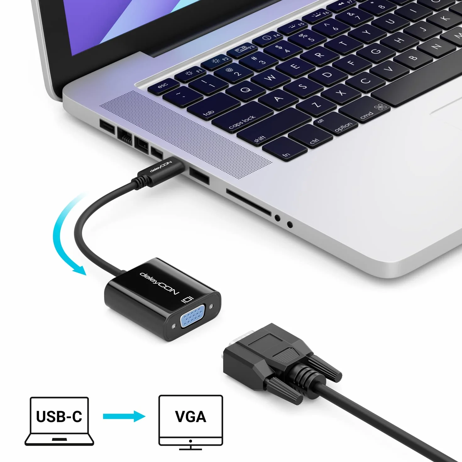 deleyCON Konwerter USB C na VGA 1200p Dual WUXGA Męski Żeński Czarny