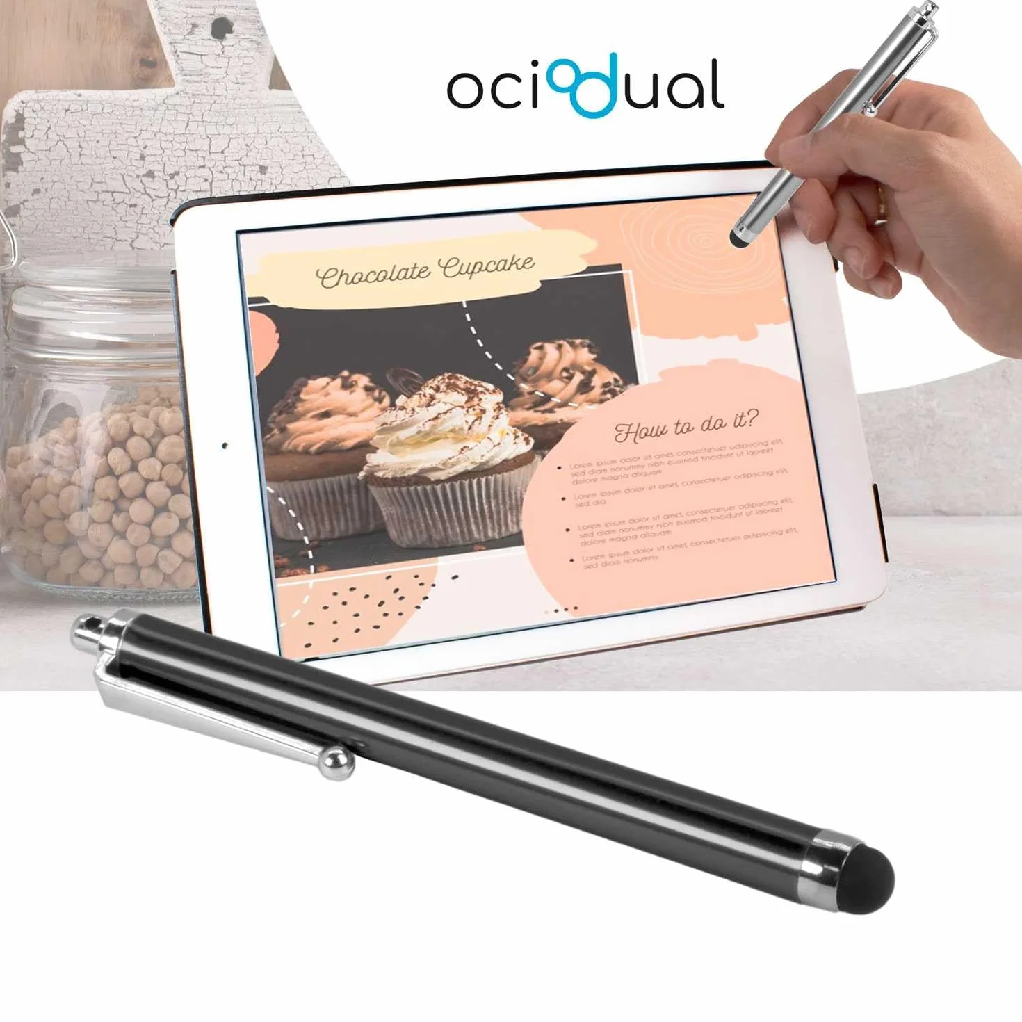 OcioDual Rysik do Ekranów Dotykowych, Czarny, Uniwersalny Metalowy Touch Pen z Gumową Końcówką