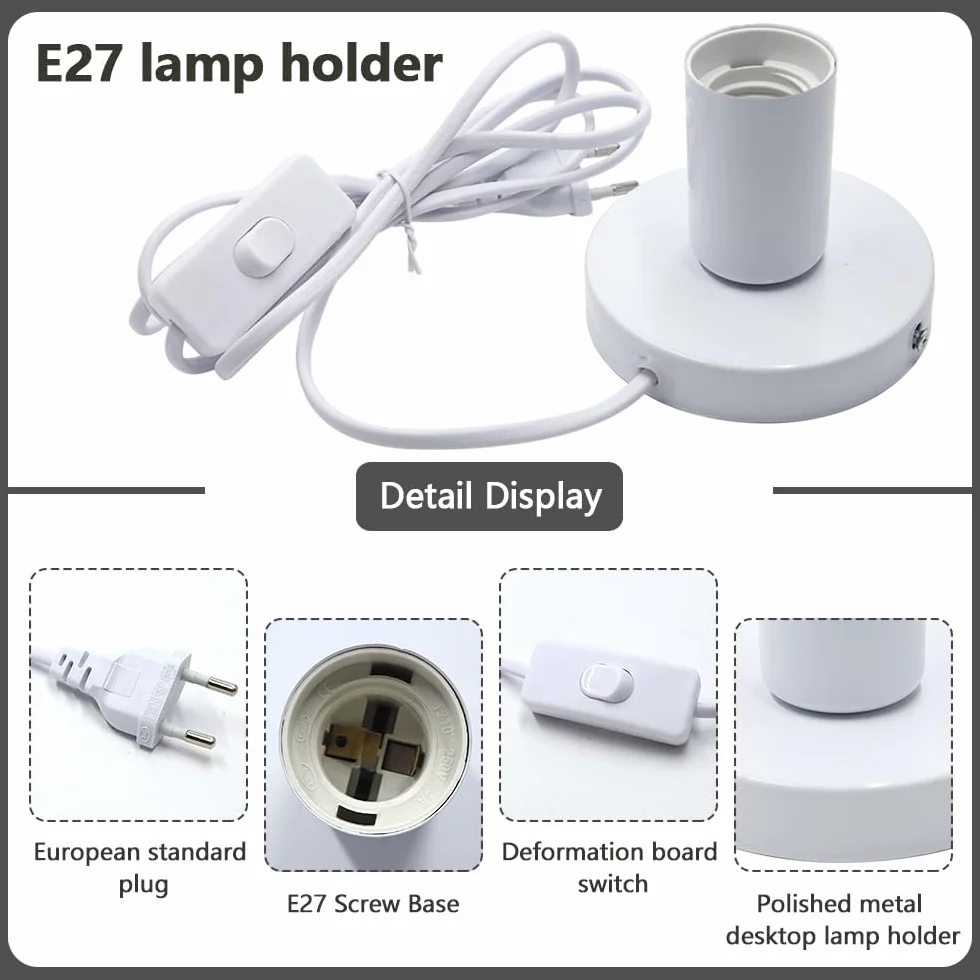 Lampa stołowa w stylu vintage, E27, oprawa lampy biurkowej, z przełącznikiem kablowym, oprawka E27, biała, z kablem sieciowym 1,8 m, pierścień śrubowy, przełącznik do zawieszenia lampy, 2