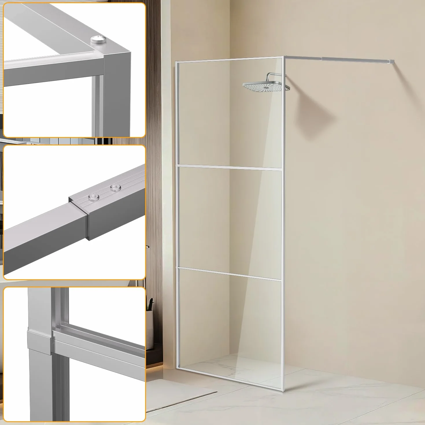 Kabina prysznicowa Walk-In 100 x 200 cm, srebrna, trzyczęściowa konstrukcja ramy, szkło ESG 5 mm z ochroną przed odpryskami, elastyczny montaż po obu stronach, nadaje się do podłogi/brodzika