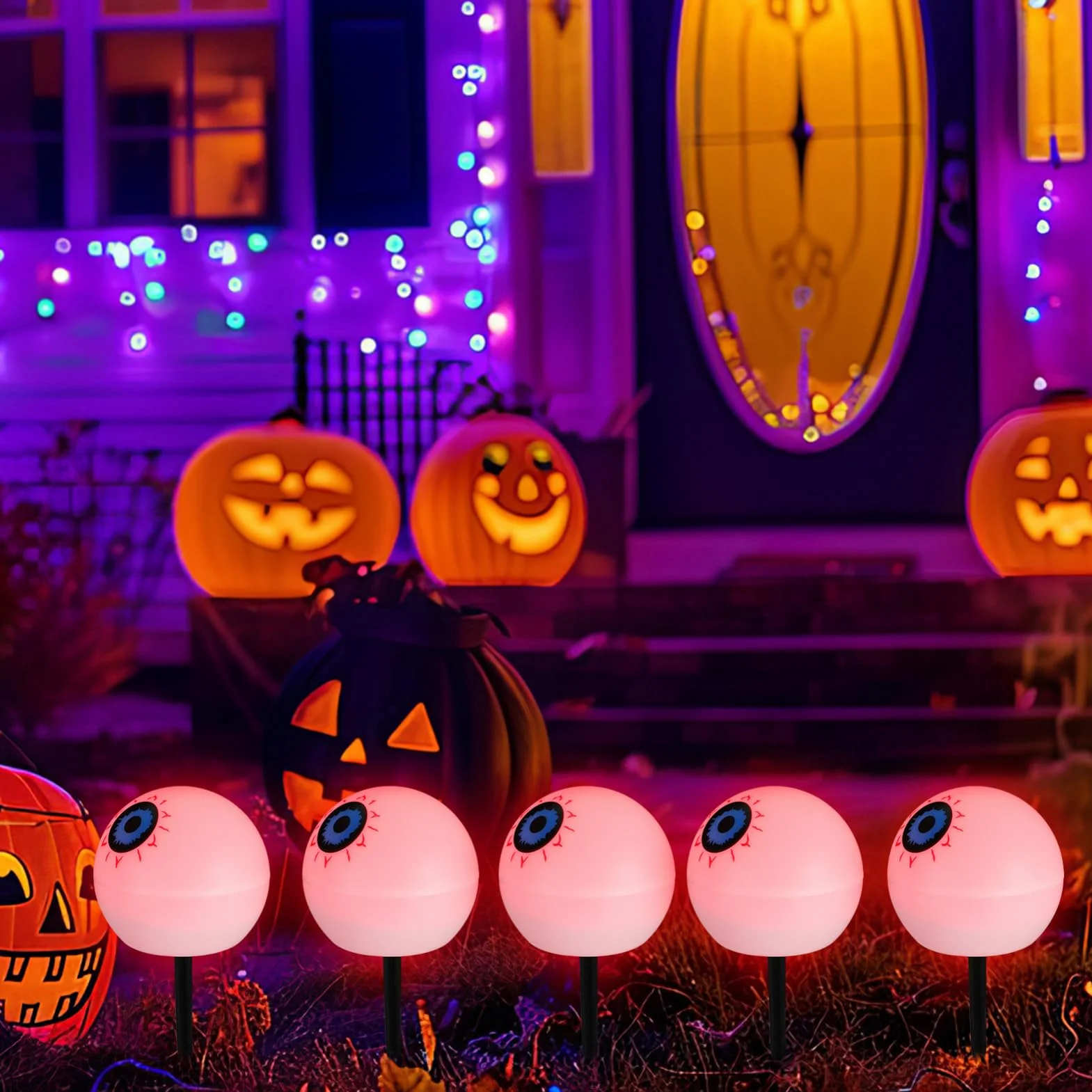 OSALADI Zestaw 5 Lamp Solarnych Na Halloween Zdalnie Sterowanych Solarnych W Kształcie Gałek Ocznych Lamp Na Halloween Do Dekoracji Ścieżek Ogrodowych Patio I Ścieżek Czerwona I Zielona
