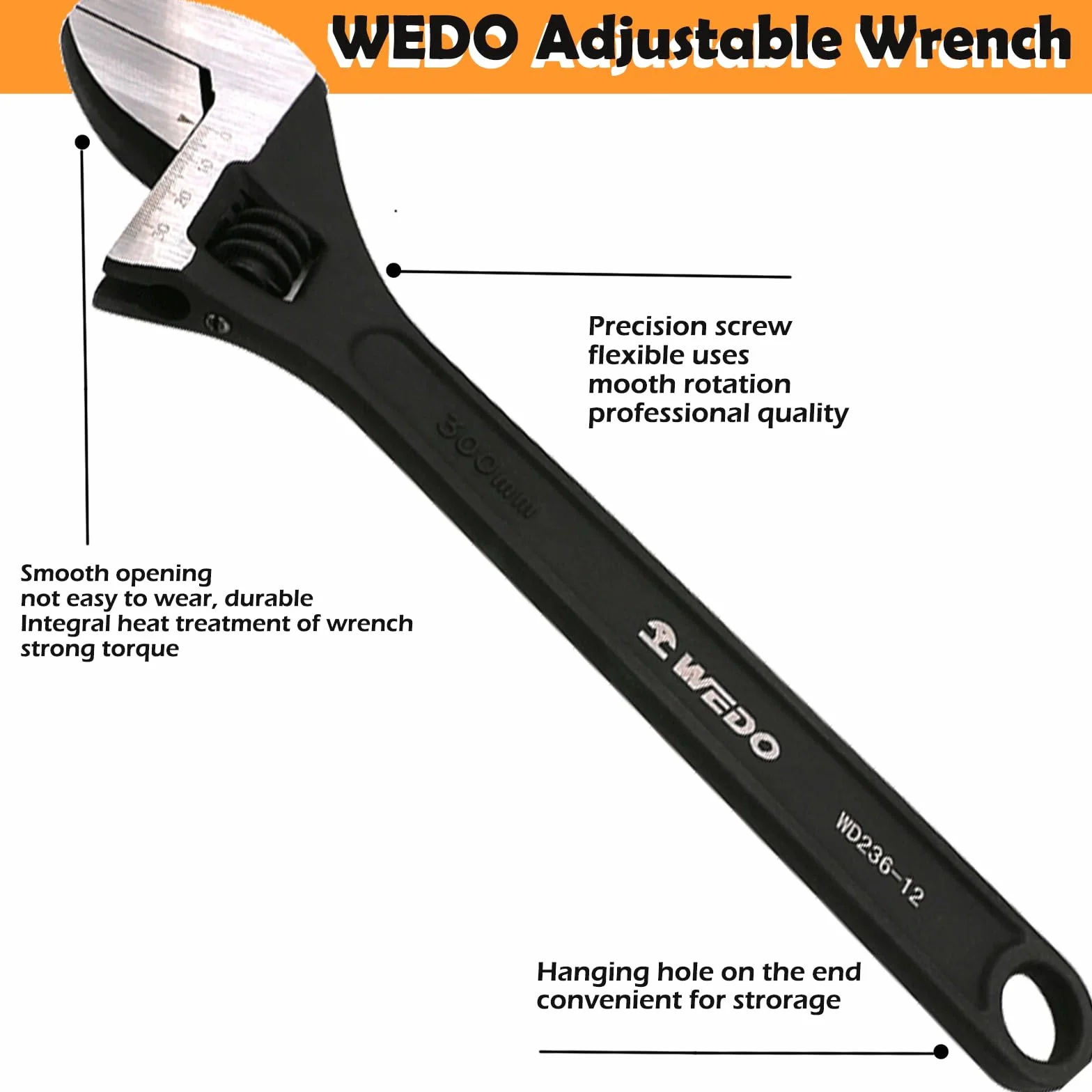 WEDO Klucz nastawny, klucz ze stali chromowo-wanadowej, uchwyt fosforanujący, rozmiar 375 mm metryczny, 38 cm imperialny
