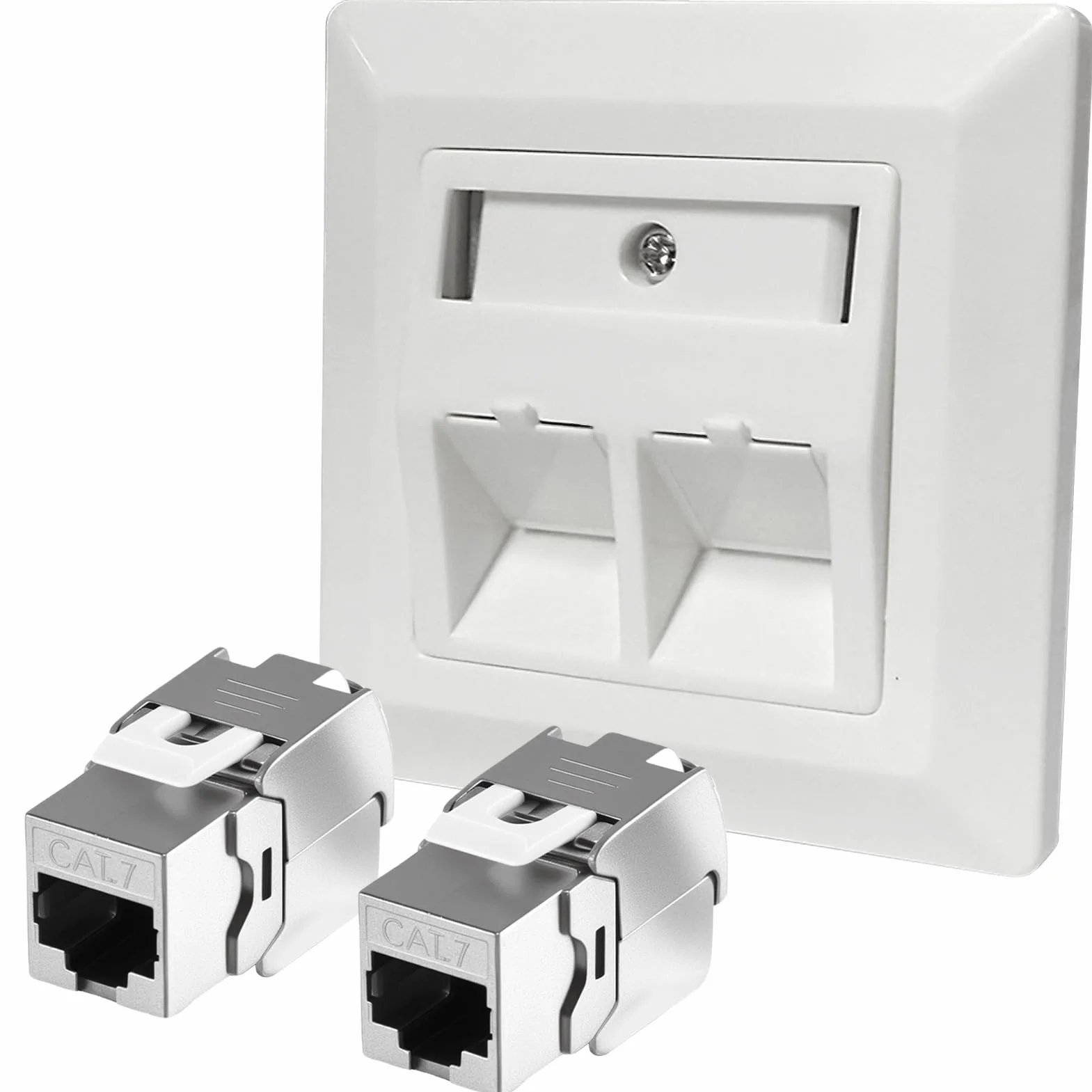 Joycabin Gniazdo sieciowe 2 porty CAT 7 podtynkowe i 2 x CAT 7 Keystone RJ45 moduł LAN Ethernet Keystone puszka gniazdo do zabudowy do CAT 5e CAT 6 CAT 6a maks. 10 Gbit/s STP podtynkowe gniazdo