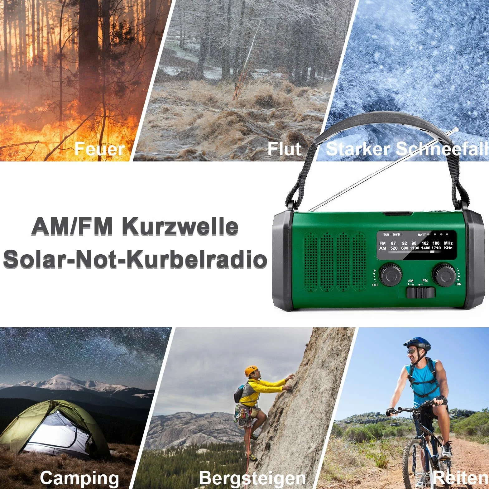 Radio Korbowe 20000mAh Akumulator Ładowalne AM/FM Latarka LED Alarm SOS Kompas Ciemnozielony