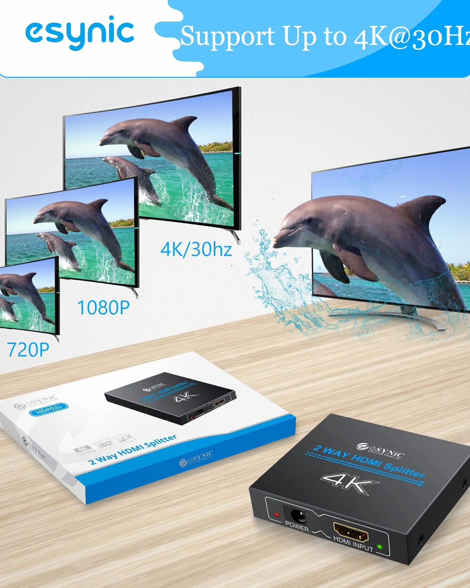 eSynic Rozdzielacz HDMI 4K/30Hz 2-drożny 1 wejście 2 wyjścia HDMI 1.4 HDCP Bypass Splitter