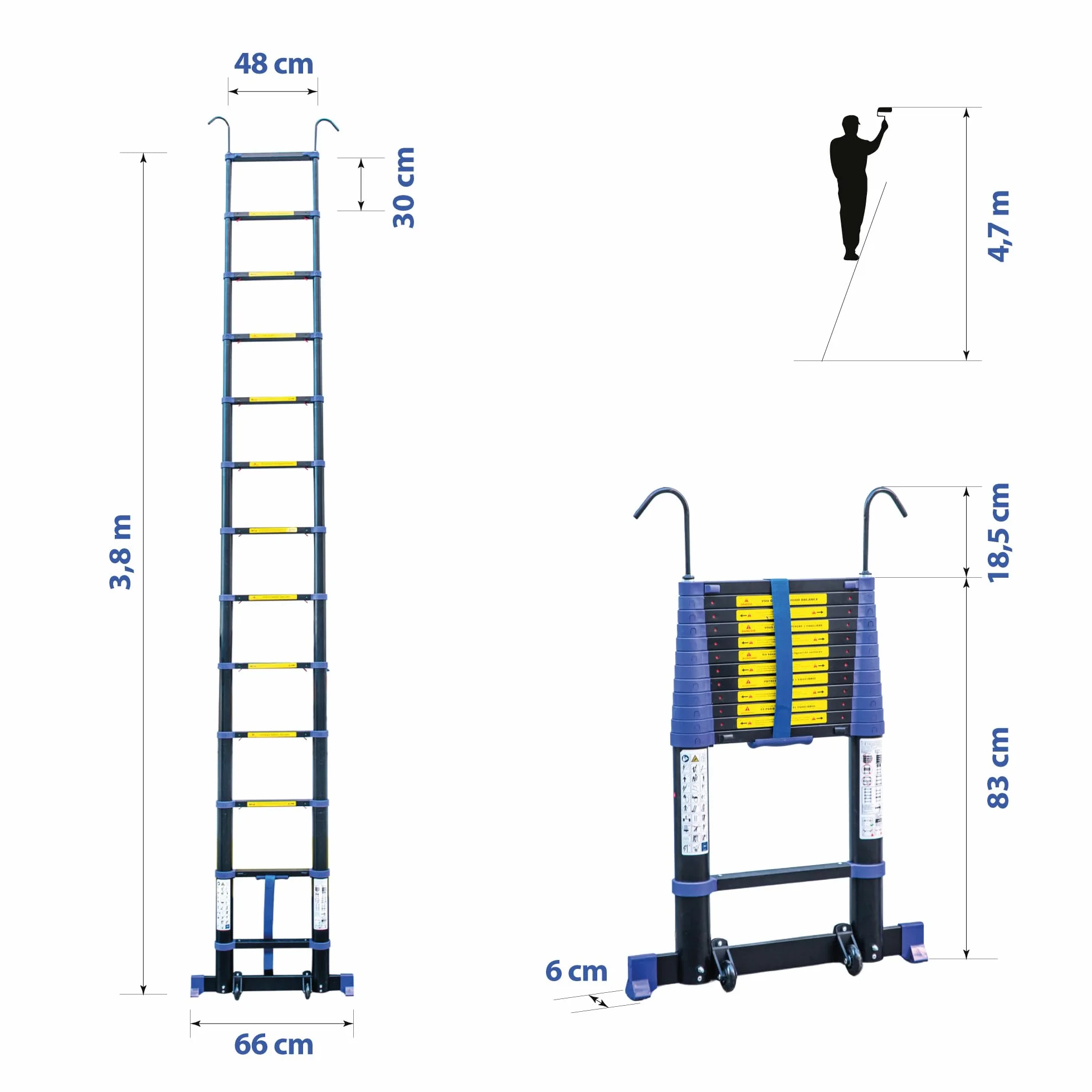 Drabina teleskopowa 3,8m TELESCOVA12+, aluminium, składana, rozciągliwa, wielofunkcyjna, maksymalna wysokość robocza 4,7 m, zdejmowane haczyki, 5 lat