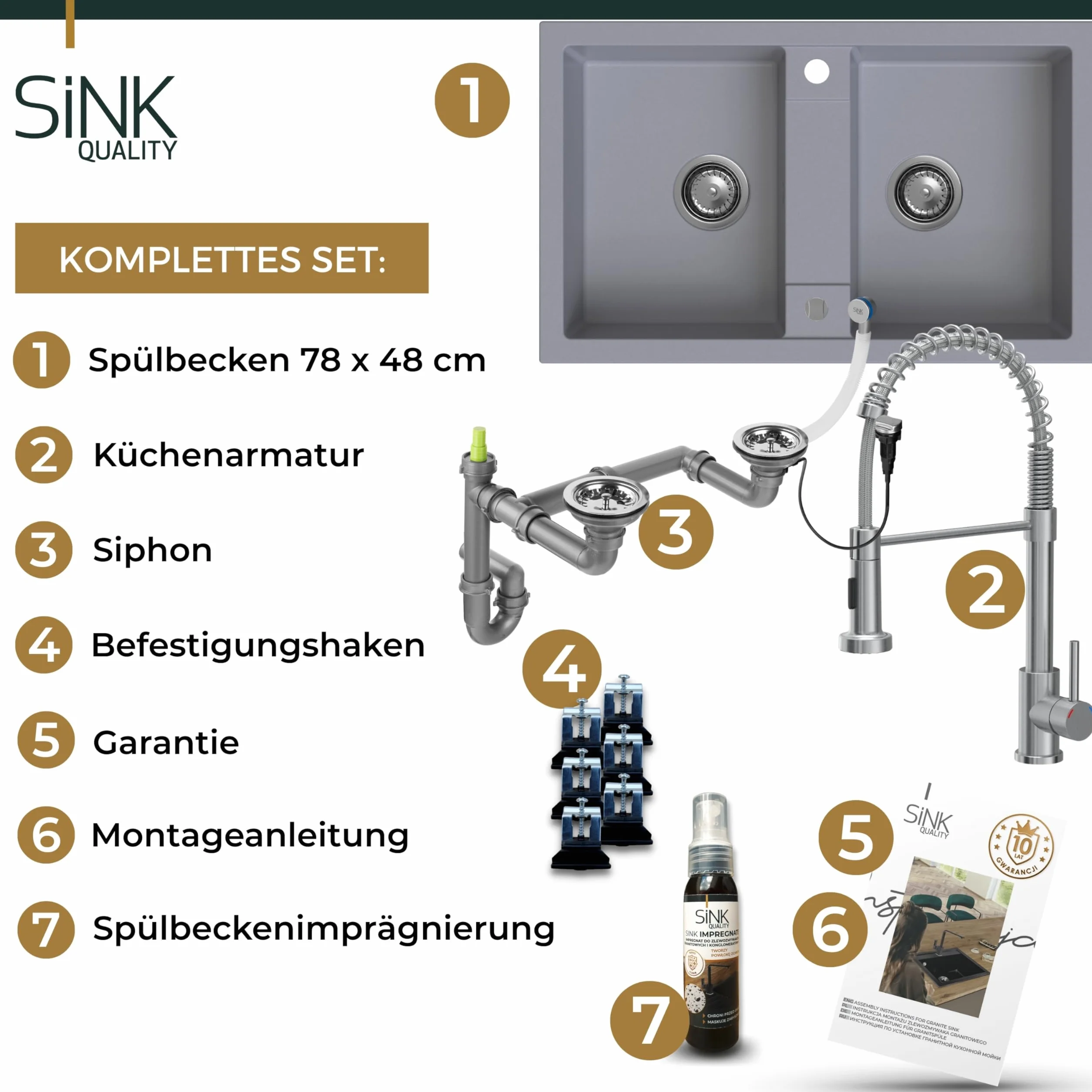 SINK QUALITY podwójny zlew szary z armaturą, zlewozmywak granitowy podwójny 78 x 48 cm, podwójny zlewozmywak z syfonem i substancją impregnującą, 2 umywalki zlewozmywaki kuchenne od 80