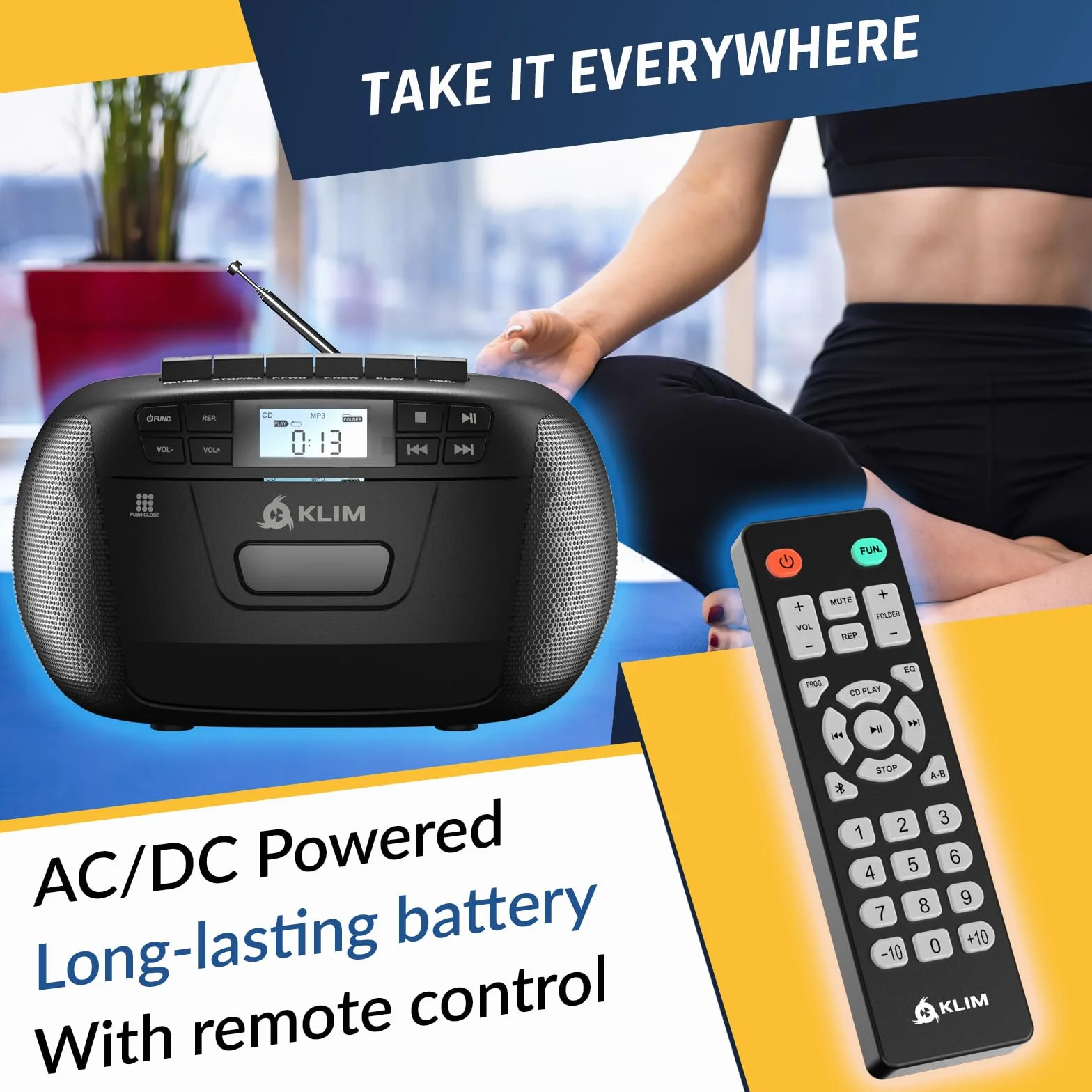 KLIM Odtwarzacz CD + odtwarzacz kasetowy audio, radio AM/FM, radio Bluetooth, odtwarzacz CD stereo, pilot zdalnego sterowania, nagrywanie na taśmie, dysk USB, AUX, radio stereo, dom, zasilanie AC/DC
