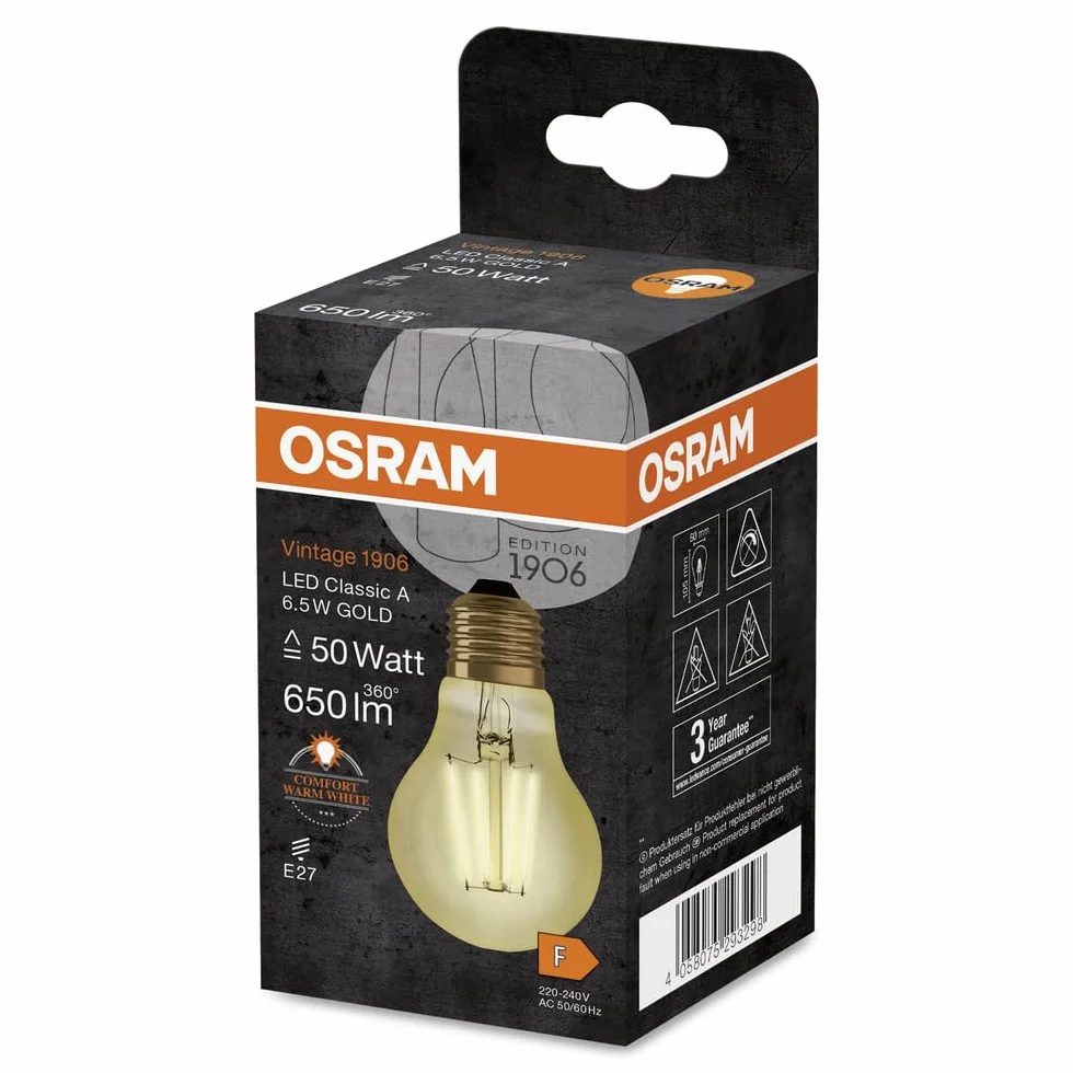 OSRAM Lampa LED | Trzonek: E27 | Ciepły biały | 2400 K | 6,50 W | Vintage 1906® LED [Klasa efektywności energetycznej A+]