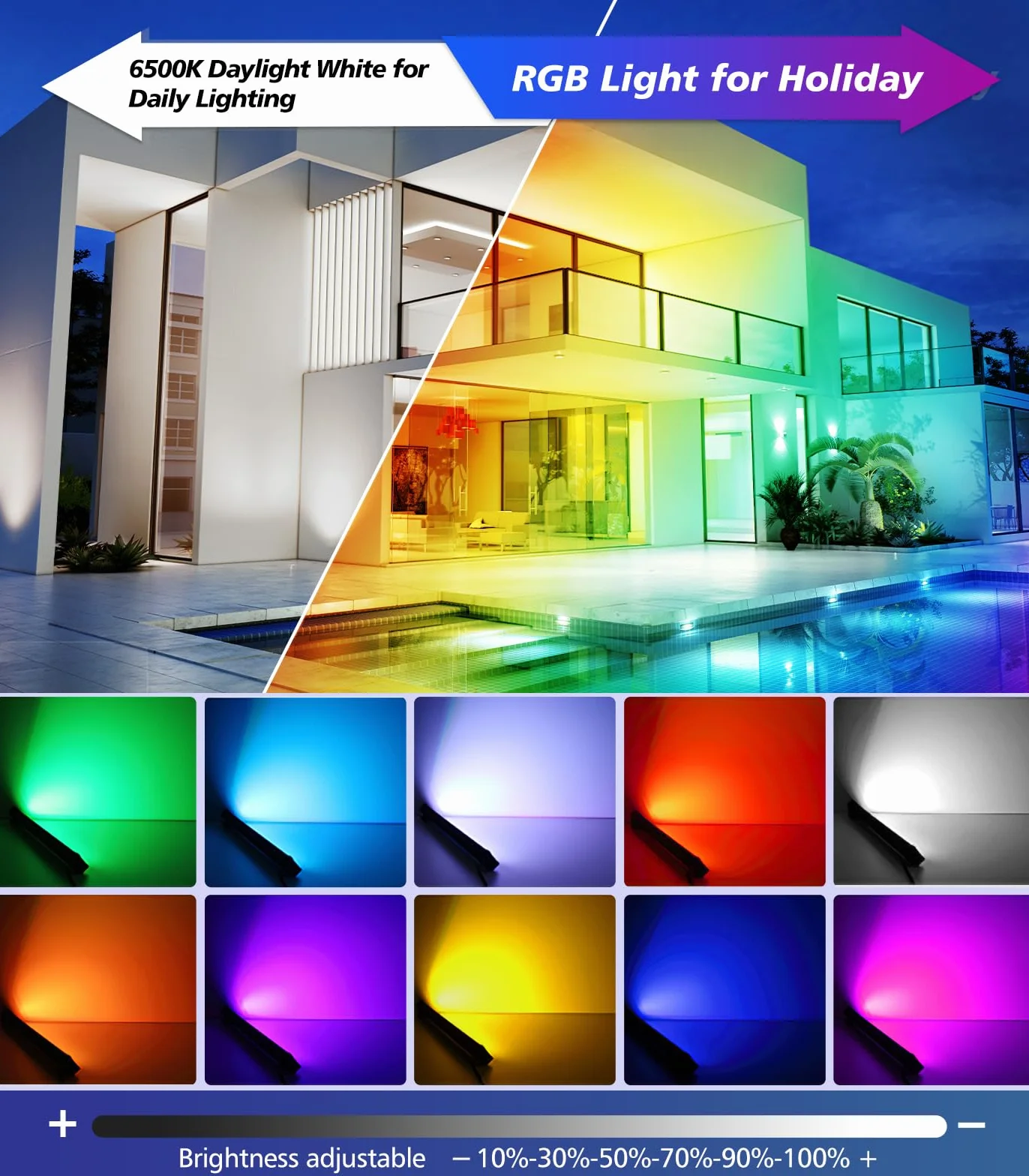 MEIHUA Reflektory Led RGB 42 W, zestaw 2 drążków LED, zmiana kolorów, IP66, wodoodporny, 10 kolorów i 12 trybów z jasnością i regulowaną prędkością, wielokolorowe oświetlenie, do użytku na zewnątrz,
