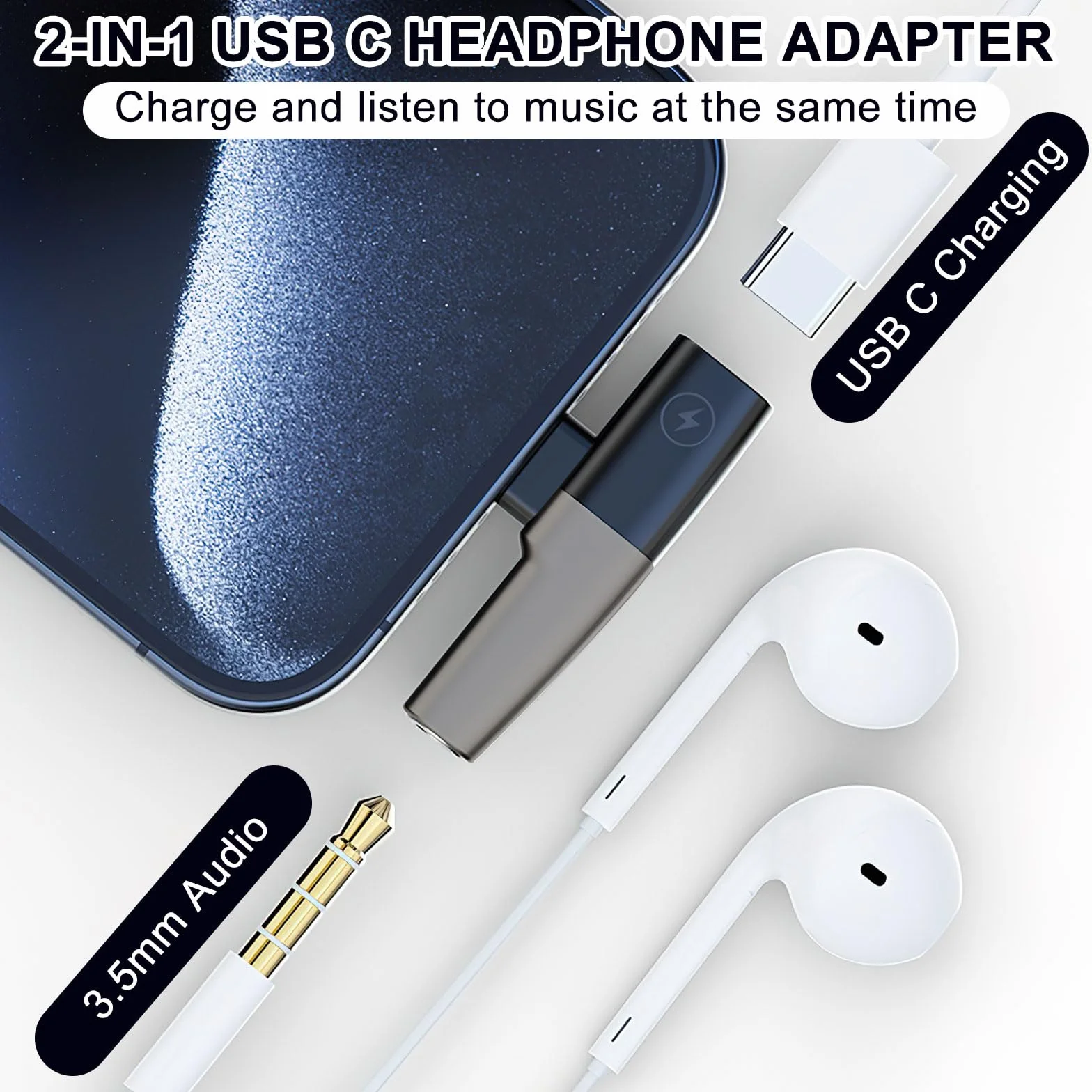 TNSLAND Adapter USB C na jack i ładowanie 2 w 1, adapter słuchawkowy, USB C na 3,5 mm, typ C, adapter Aux, kompatybilny z iPhone 15 Pro Max, iPad Pro/Mini 6, Galaxy S24, Ultra S23, Huawei Xiaomi