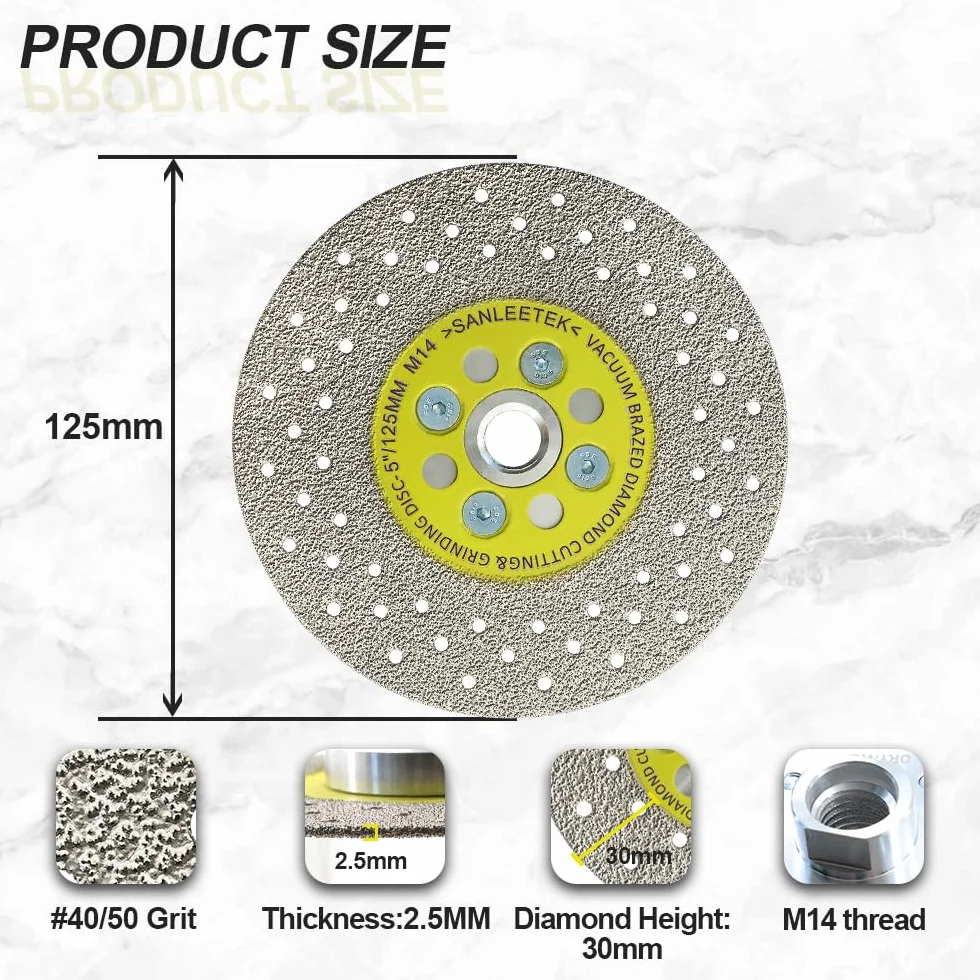 Tarcza diamentowa 125 mm 5 szt. dwustronne cięcie i szlifowanie brzeszczot spawany próżniowo do marmuru granitu i betonu porcelanowego kafelki M14 Gwint SANLEETEK