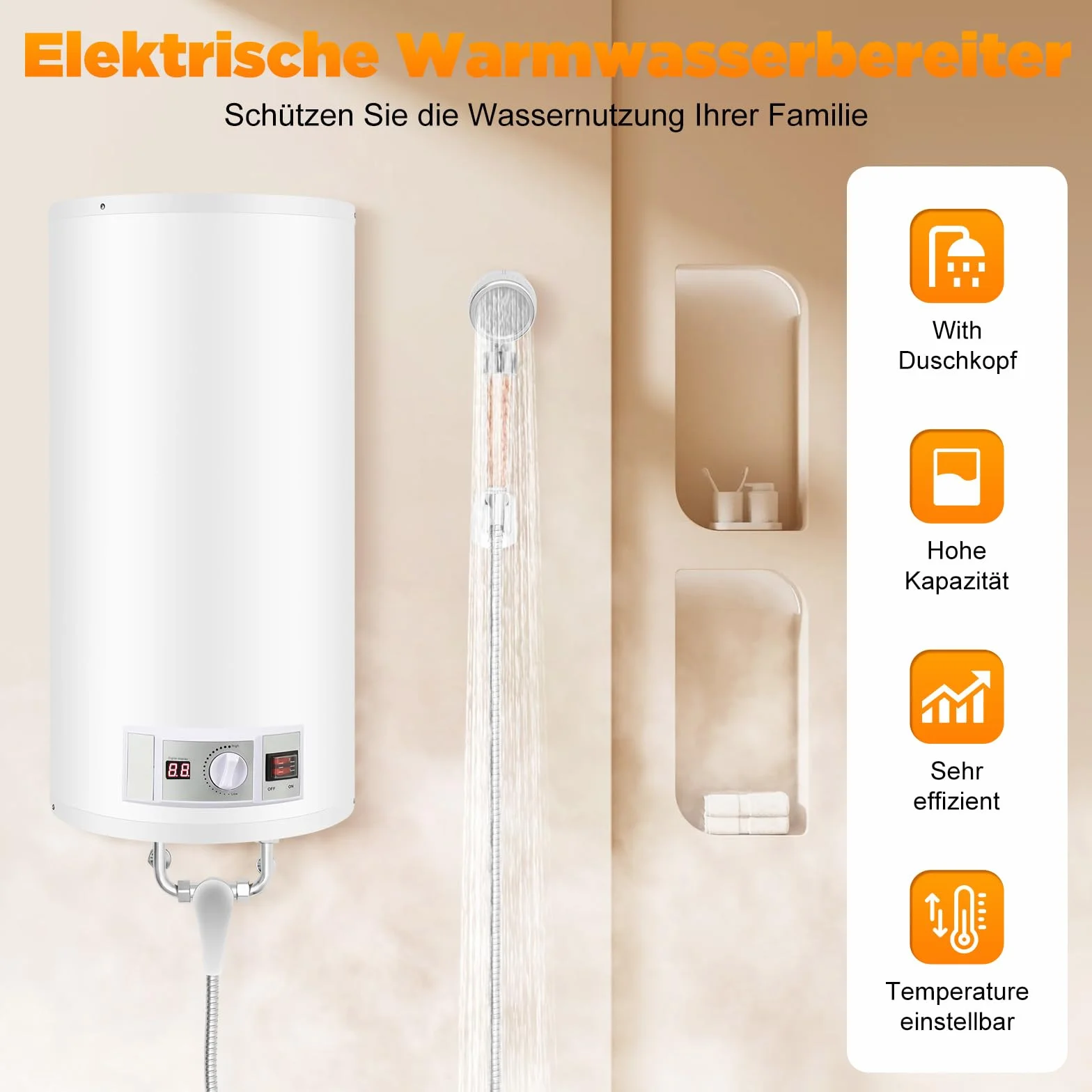 Podgrzewacz wody, pojemność 80 l, pojemność 2000 W, elektryczny bojler z regulacją temperatury 30-75°C, energooszczędny, do łazienki, prysznica, kuchni i pod stół