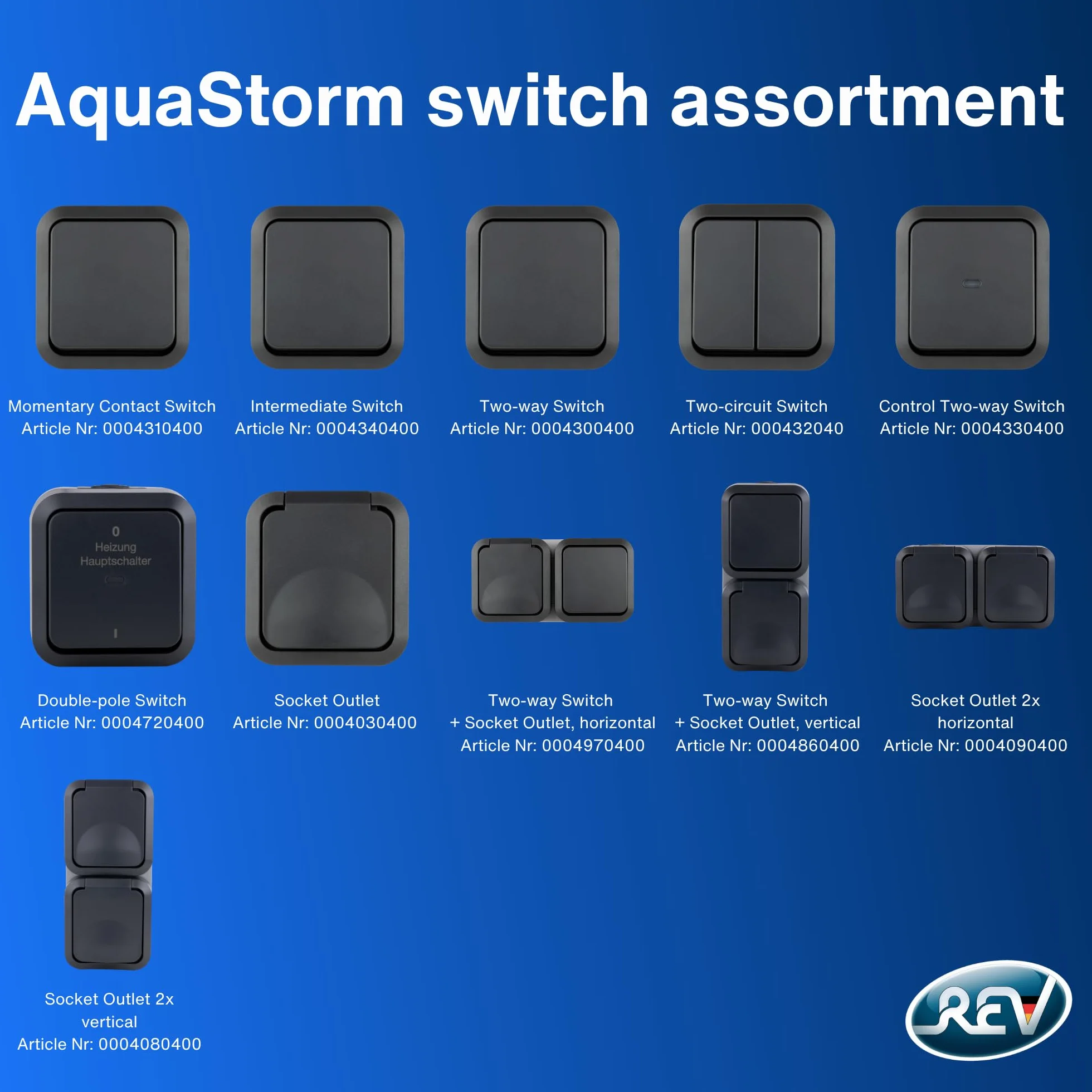 REV - AquaStorm, przełącznik krzyżowy, włącznik światła do wilgotnych pomieszczeń IP55, jednobiegunowy, natynkowy, 230 V, 10 A, antracyt