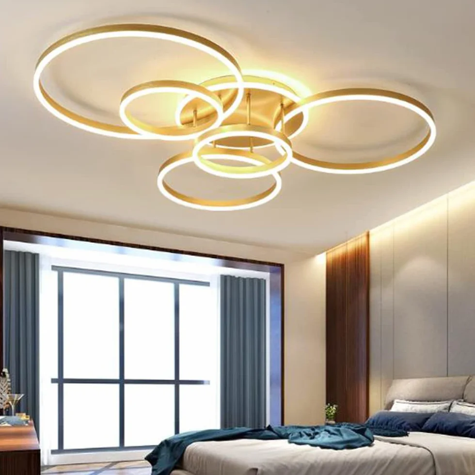 Lampa Sufitowa LED Nowoczesna Lampa Sufitowe Do Salonu Możliwość Przyciemniania Okrągły żyrandol Sypialnia Jadalnia Pokój Dziecięcy Lampa Eisząca Biuro Oświetlenie Wewnętrzne 6 Kółek,Gold
