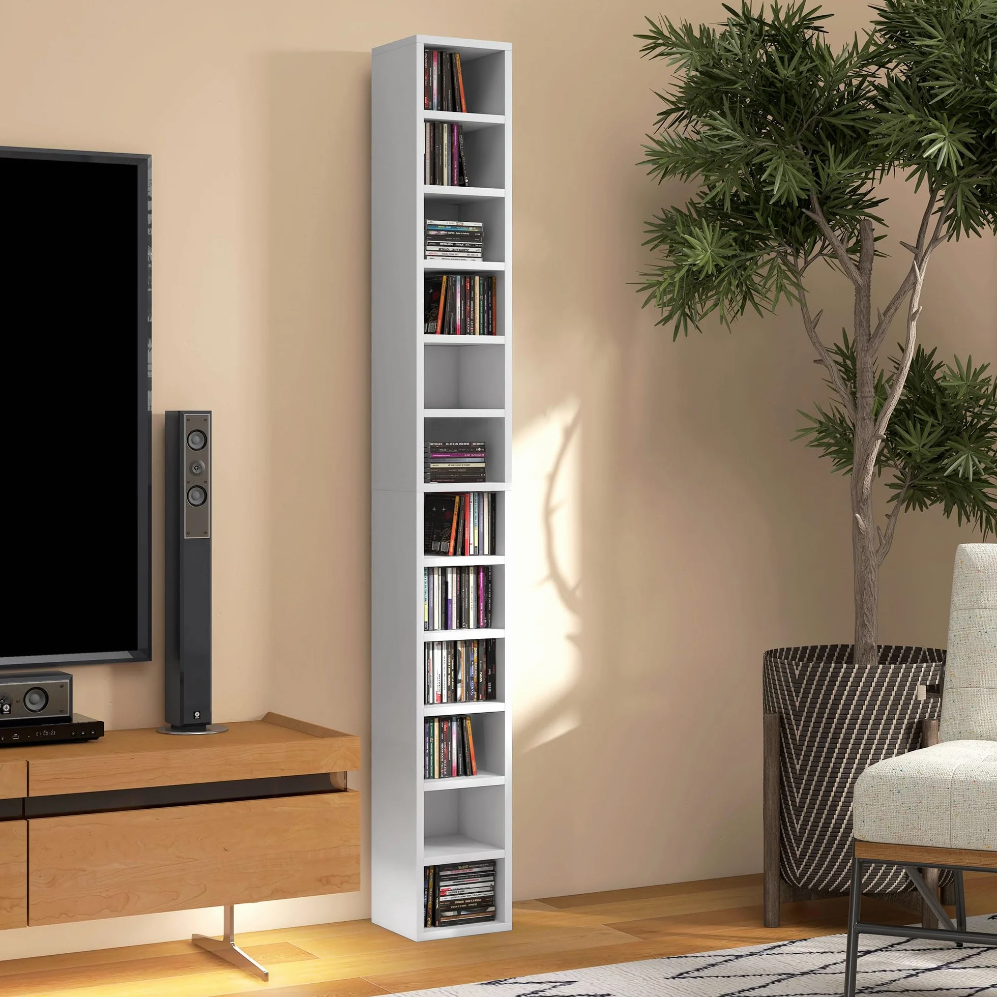 HOMCOM Przechowywanie płyt CD i DVD, kolumna do przechowywania, szafka do przechowywania z 12 przegródkami, maks. pojemność 204 CD, 21 x 20 x 175 cm, biały