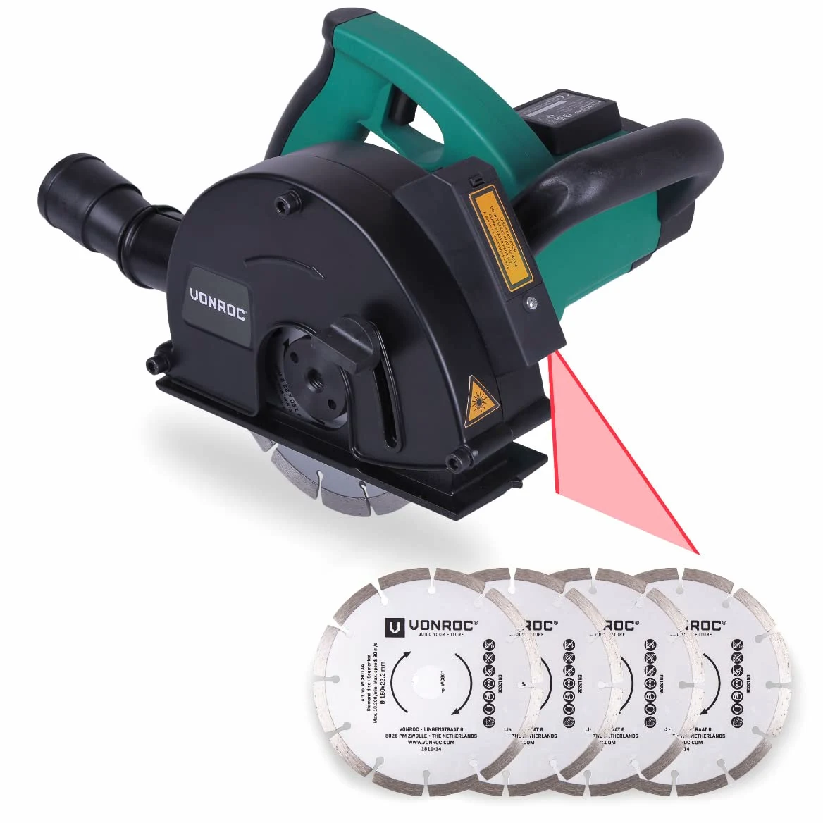 VONROC Laserowa bruzdownica ścienna 1700 W – 150 mm, w zestawie 6 diamentowych tarcz, adapter do odkurzacza i worek do przechowywania | z regulowaną głębokością tarcz Ø150 mm, metal, szerokość cięcia 14/19/29 mm