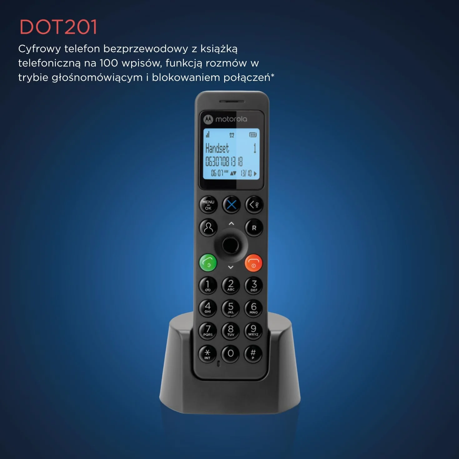 Motorola DOT201 bezprzewodowy telefon cyfrowy, głośnik głośnomówiący, blokada połączeń, 100 kontaktów, czarny
