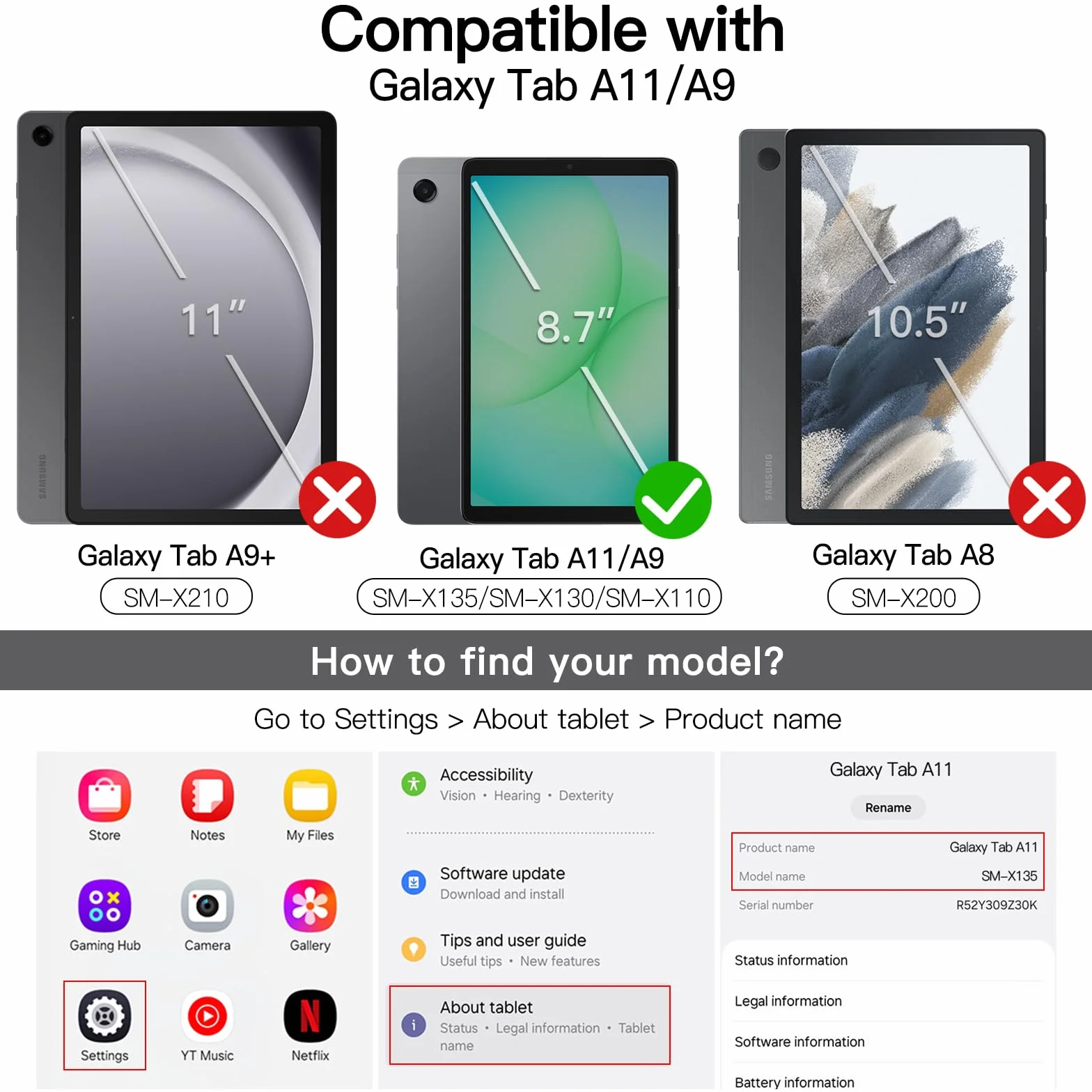 JETech Etui Samsung Galaxy Tab A11 Tab A9 8,7 Cala 2025 2023, Składana Folio Podstawka Ochronna (Czarny)