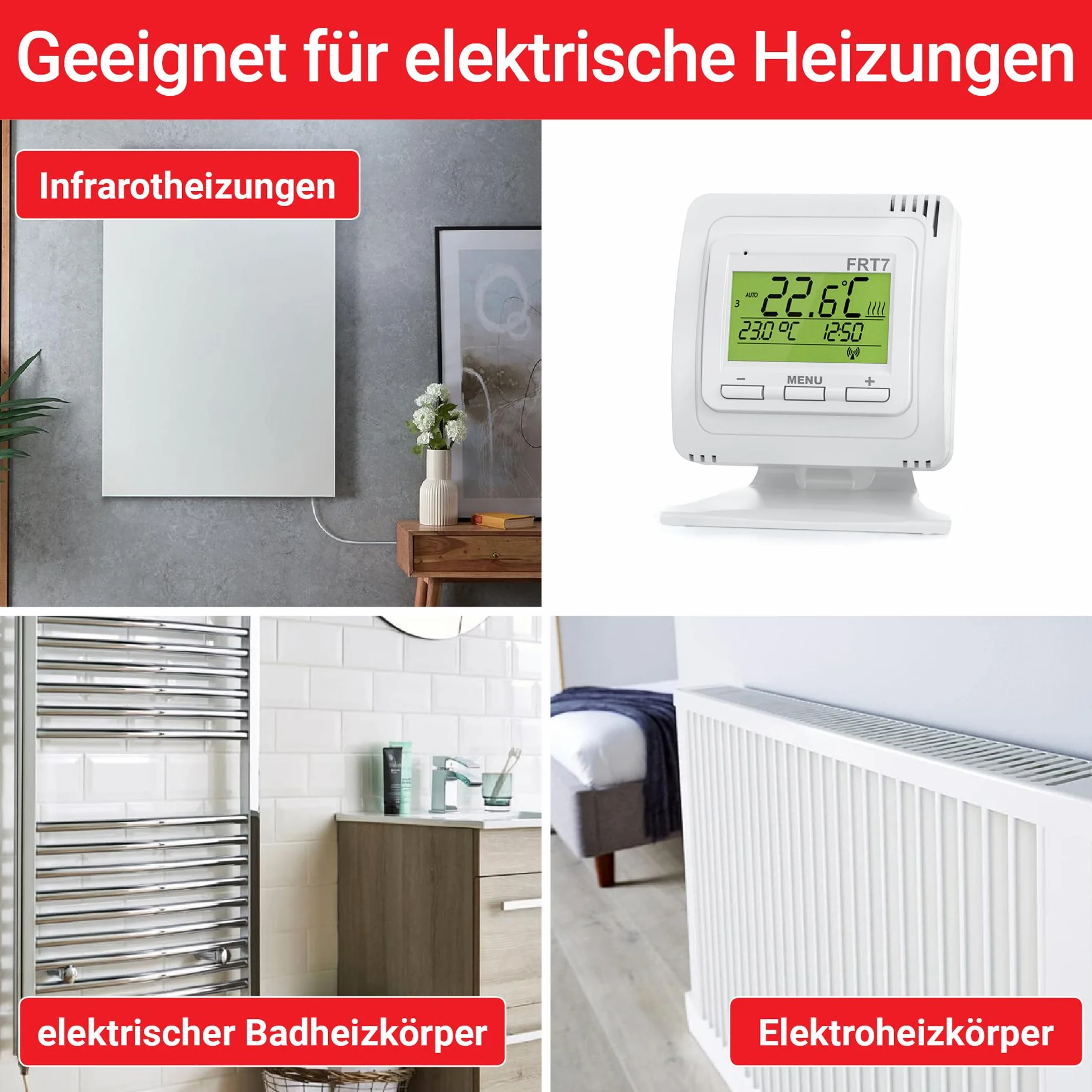 ELEKTROBOCK FRT7B3 radiowy termostat pokojowy z podstawką, postawić w dowolnym miejscu, z odbiornikiem, duży zasięg, do ogrzewania elektrycznego i ogrzewania na podczerwień, biały