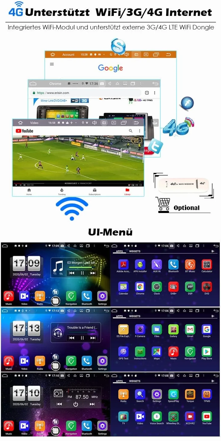 erisin 7-calowe radio samochodowe z systemem Android 12 do VW Touareg T5 Multivan GPS Navi Carplay Android Auto DSP Bluetooth WiFi 4G DAB+ TPMS Touch Screen CD/DVD A2DP SWC Car Radio 4 GB RAM + 64 GB