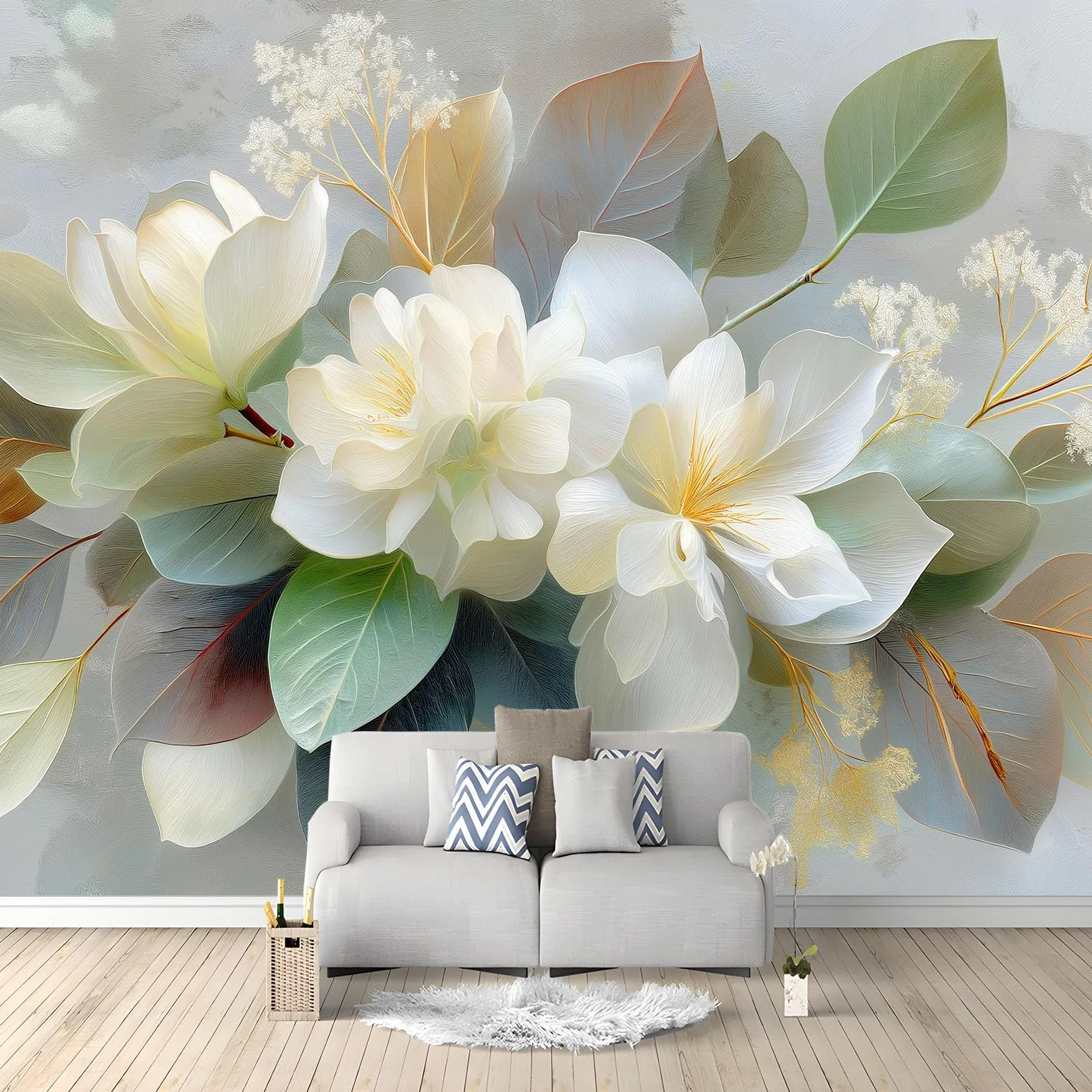 Mural ścienny, minimalistyczny, obraz olejny, płatki liści, botaniczny, 400 x 280 cm, tapeta z włókniny, dekoracja, grafitowo-szara, sztuka fotograficzna do sypialni, przedpokoju, salonu (nie