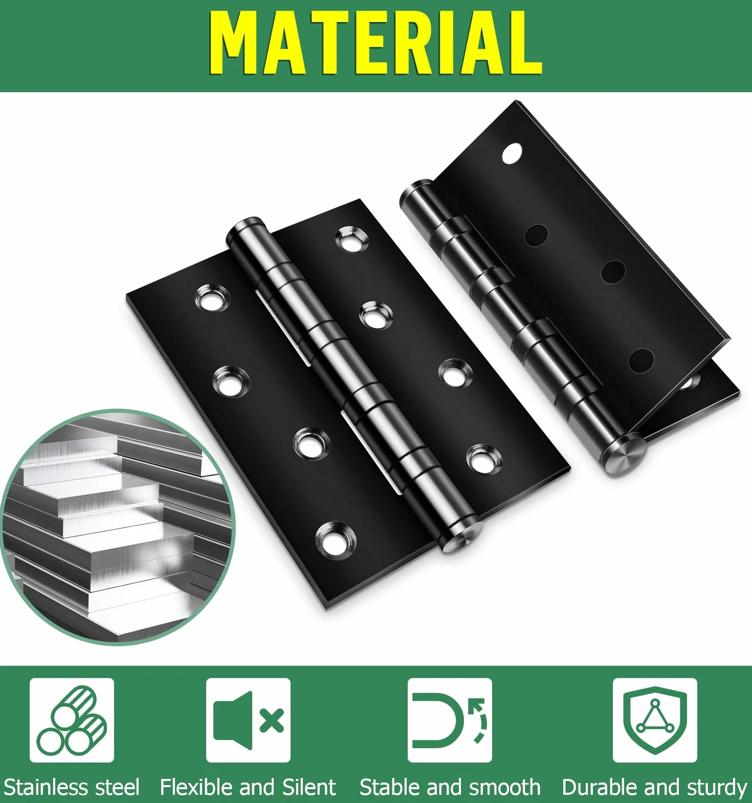 4 zawiasy do dużych obciążeń 100 × 76 × 13 mm, Bolatus zawiasy składane, czarne, z 8 otworami, zawiasy do drzwi z łożyskiem kulkowym, stal nierdzewna ze śrubami, zawiasy do masywnych drzwi, bramy