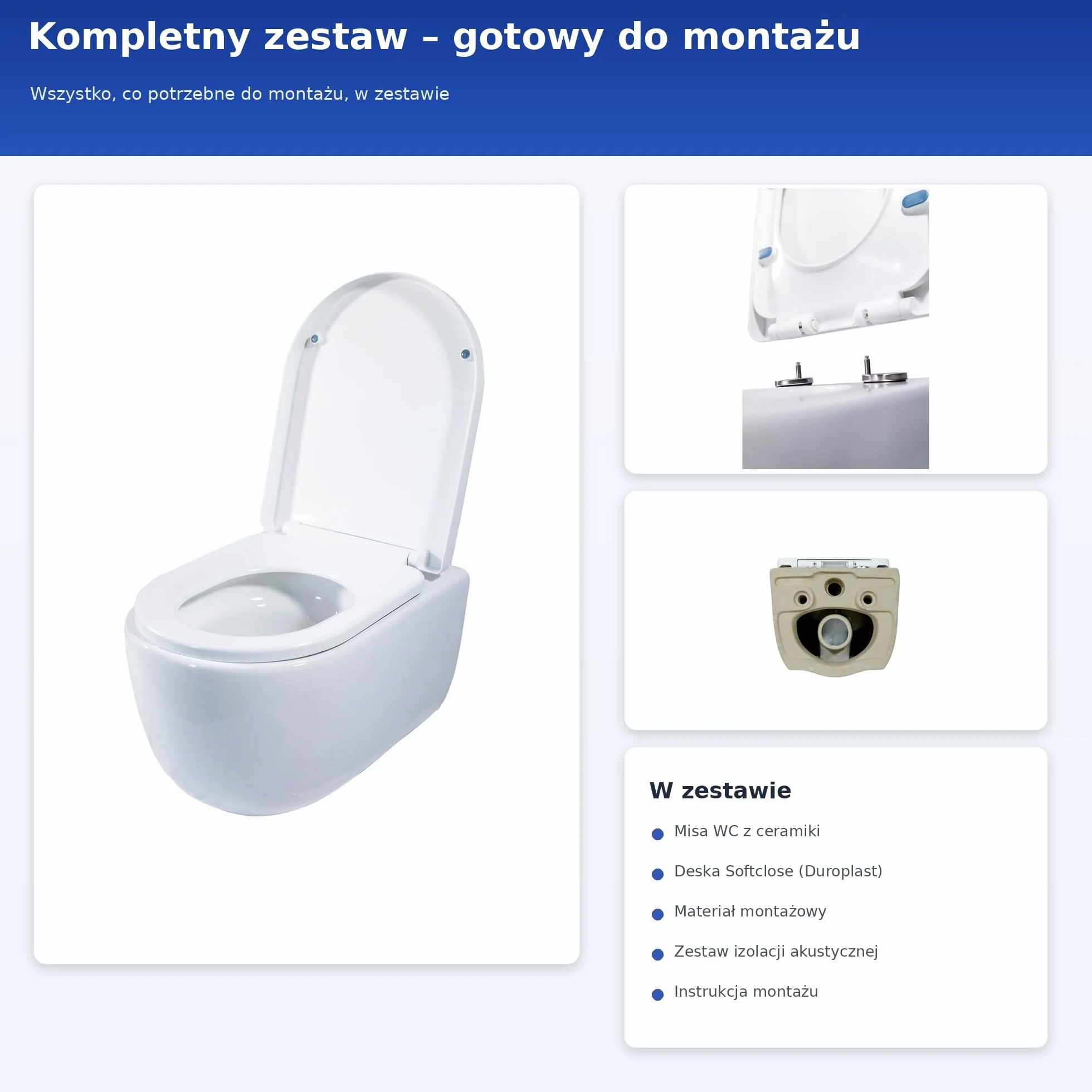 Wisząca + WC bez kołnierza 53 cm, naścienna WC z deską Softclose, biała