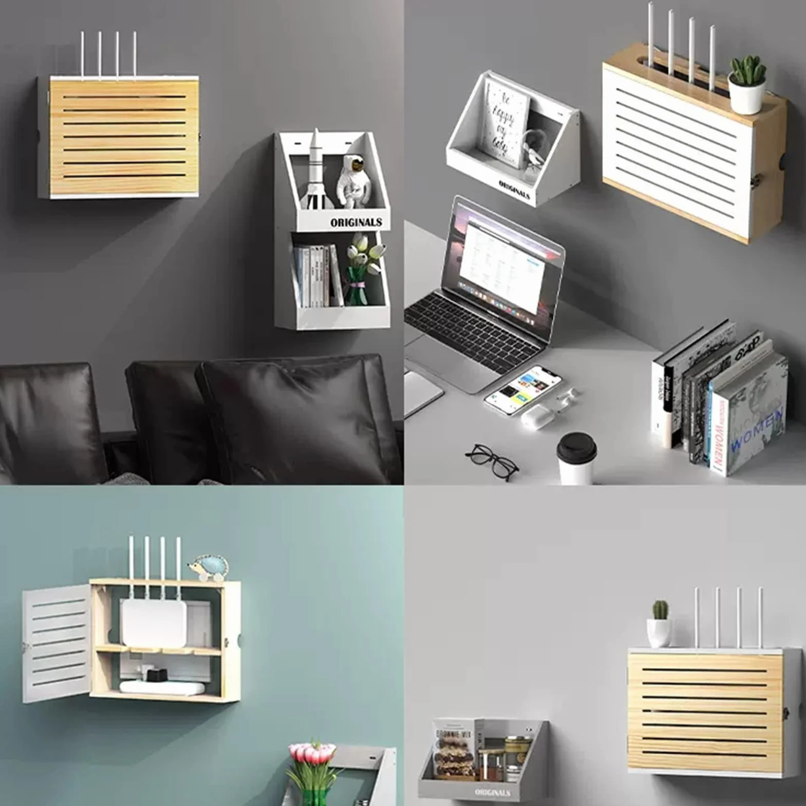 1-półkowe nowoczesne pudełko do przechowywania routera do montażu na ścianie, drewniane, naturalne-B, 36,4 x 27,4 x 11,5 cm, zorganizowana moc do domu, sypialni, salonu