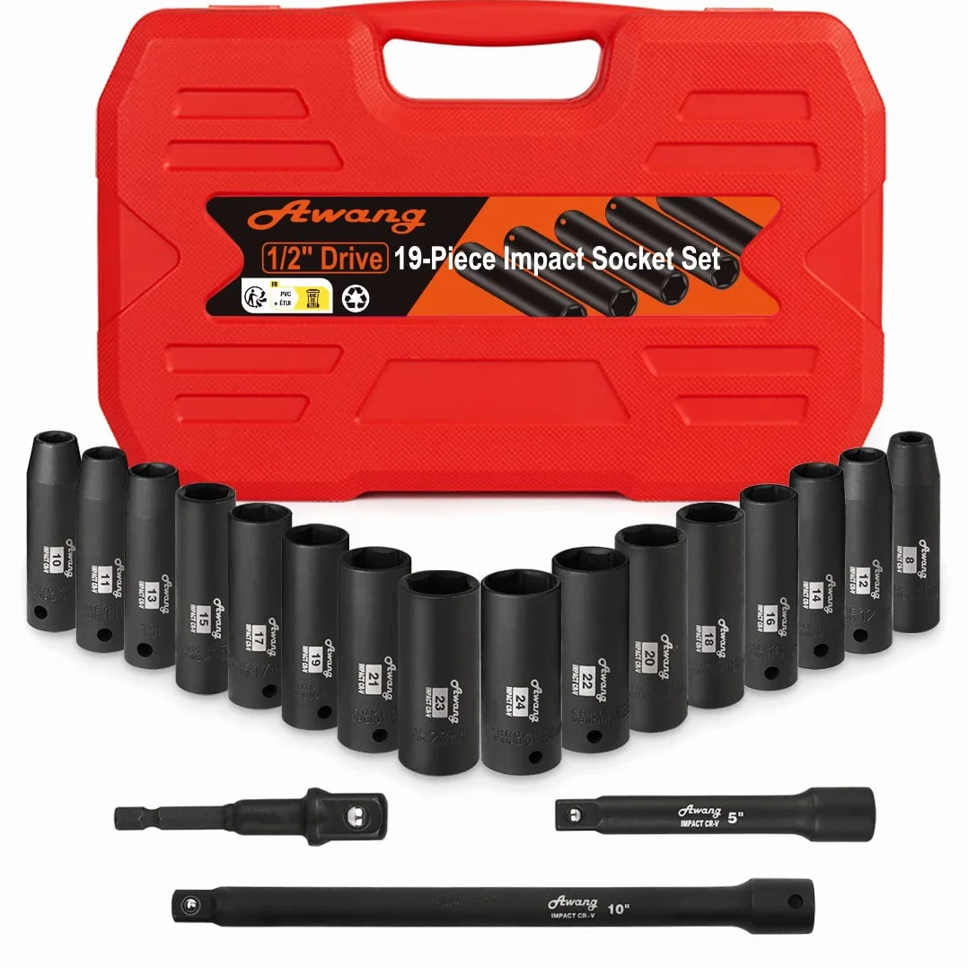 Awang Kraft zestaw nasadek do wkrętarki udarowej 1/2" 8-24 mm z 5, 10-calowym drążkiem przedłużającym, 1/4 Adatper 19 sztuk