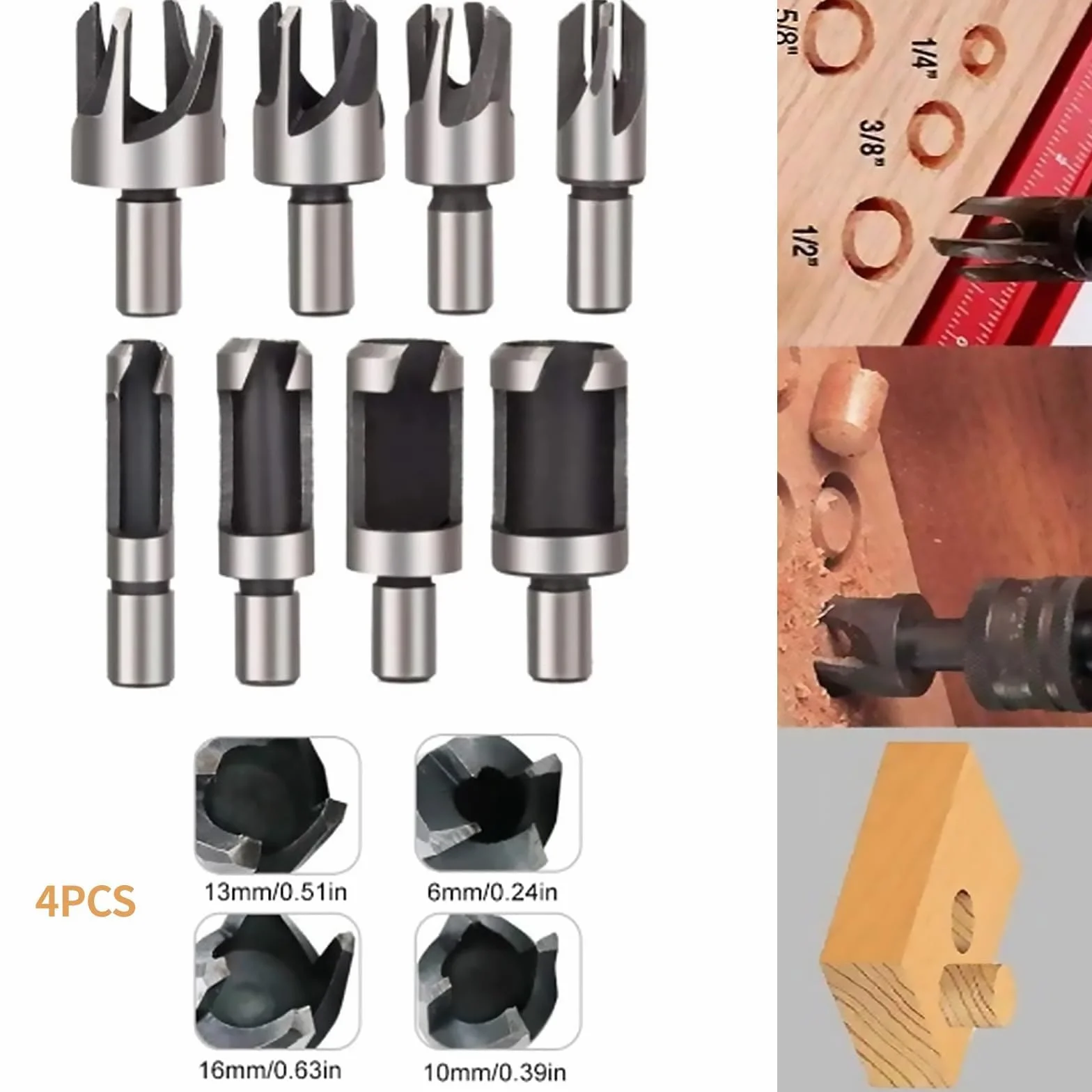 ANBOO Zestaw wierteł do drewna, 8 sztuk, ze stali węglowej, 6 mm, 10 mm, 13 mm, 16 mm, z nożem do czopów i wiertłami stożkowymi