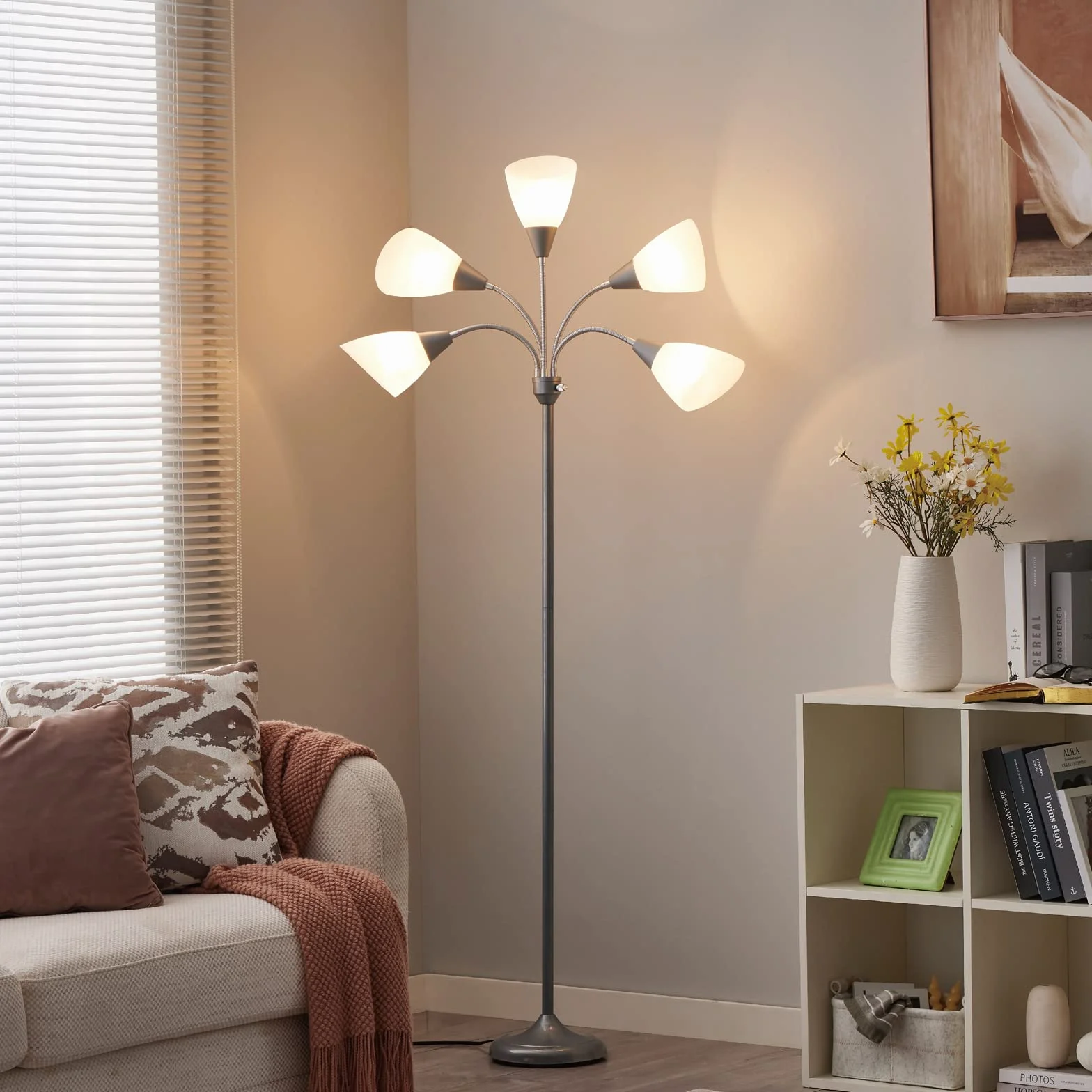 HonoDing Meduza Lampy Podłogowe Lampy Podłogowe 5 Głowic Regulowana Lampka do czytania Duży Klosz Wykorzystuje Lampy Podłogowe E26 Żarówka A19 Do Salonu Sypialni (Srebrny)