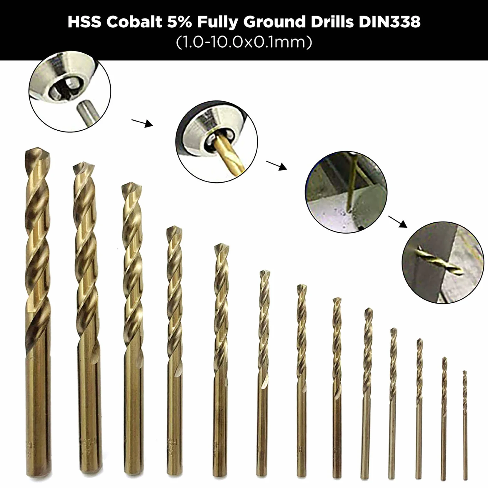 91 szt. HSS M35 kobaltowe 5% wiertła do pełnego gruntu DIN338 z punktem podziału 135° do blachy plastikowej 1,0-10,0 x 0,1 mm