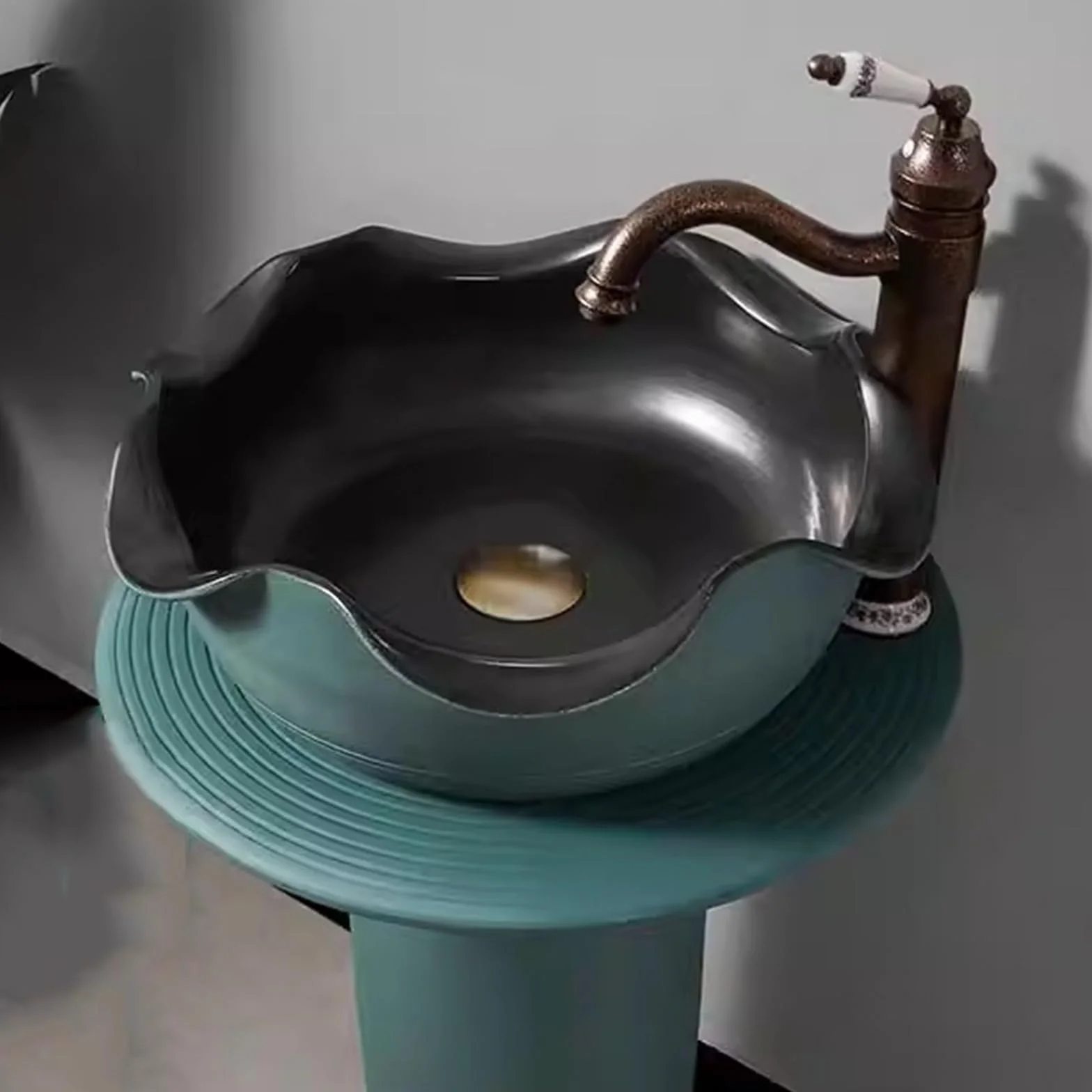 Umywalka Kolumnowa Z Falbaną Na Krawędzi, Zabytkowa Ceramiczna Umywalka Łazienkowa Na Postumencie, Stojąca Umywalka Nablatowa Do Użytku Wewnątrz I Na Zewnątrz(Pomarańczowy-002)