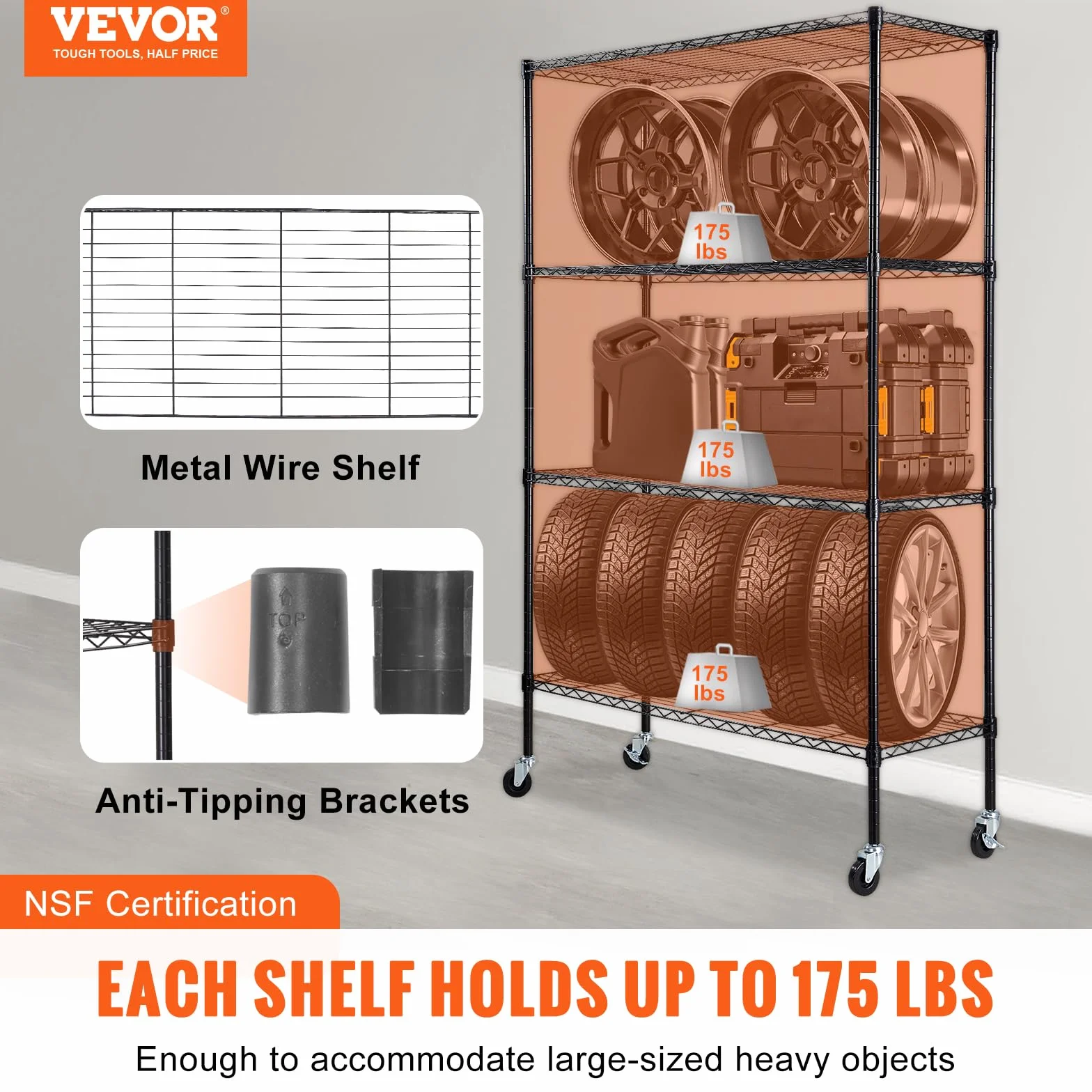 VEVOR Regał do przechowywania z kółkami 4-poziomowy regulowany nośność 317,5 kg metalowy czarny 120x45x188 cm