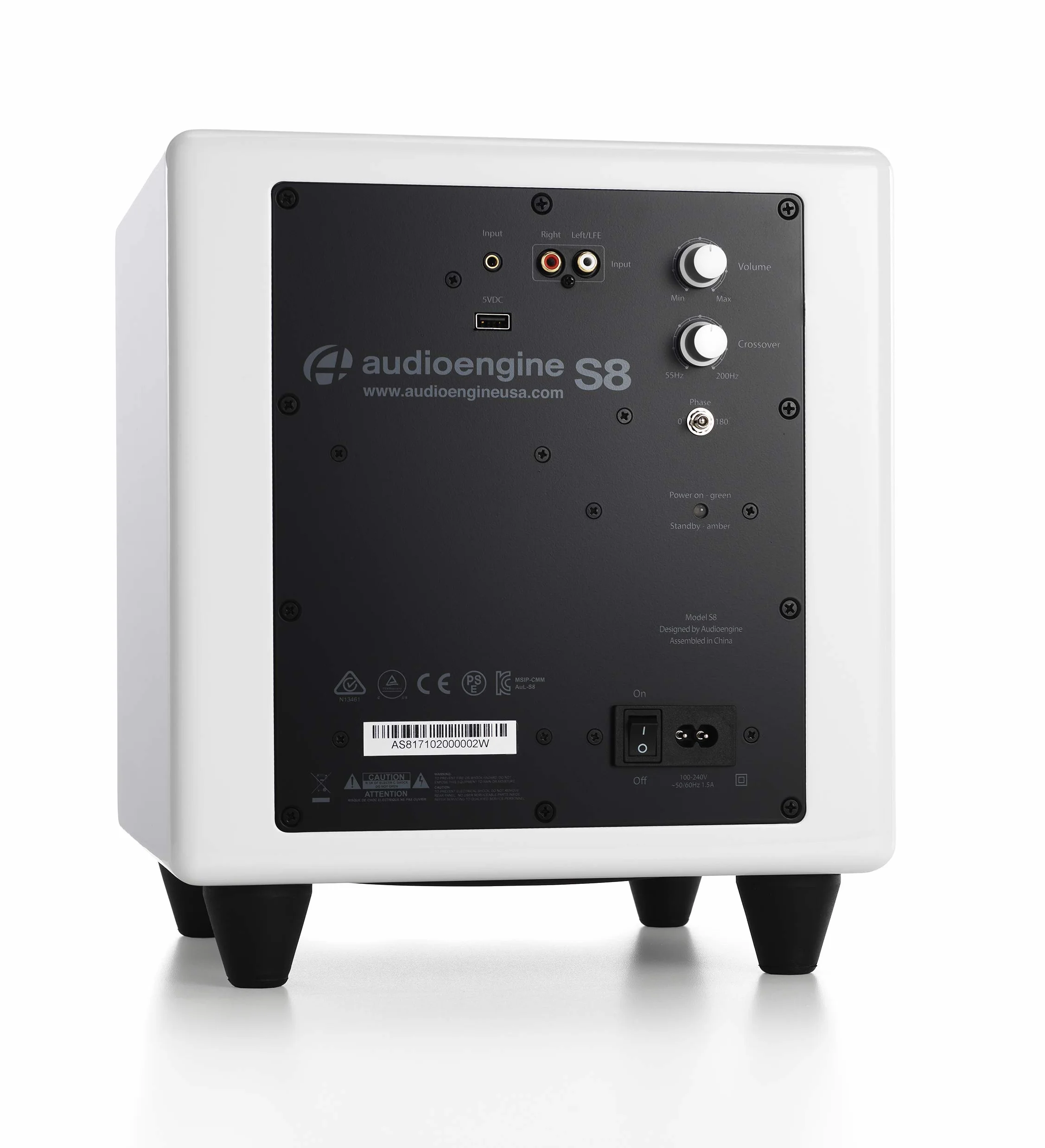 Audioengine S8 250 W Aktywny Subwoofer | Wbudowany Wzmacniacz | Wejścia RCA i 3,5 mm | Kable w Zestawie (Biały)