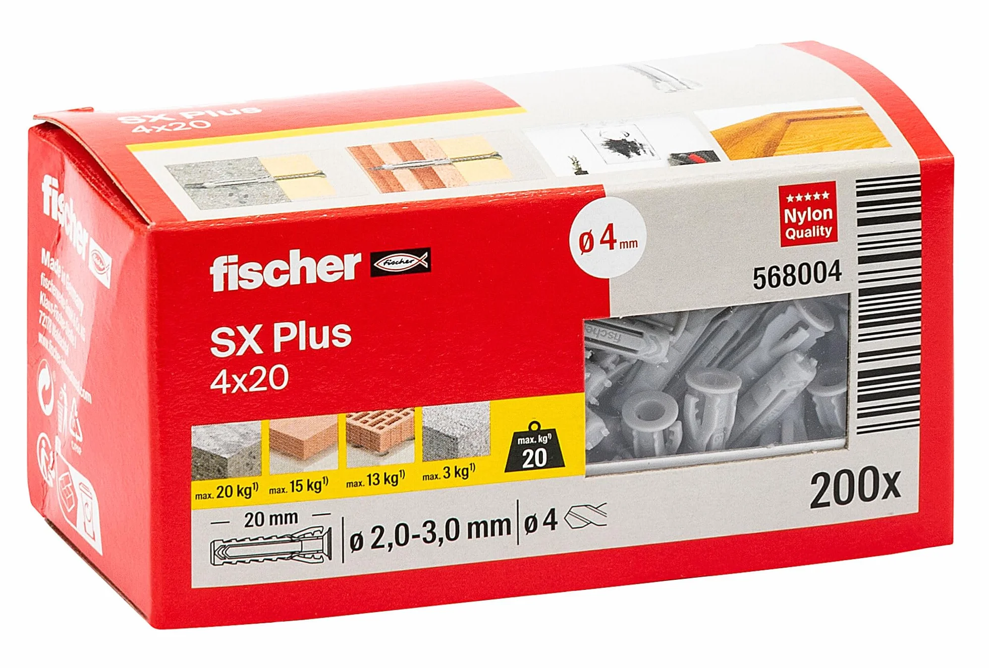 fischer 568004 SX Plus Korek rozporowy ścienny, 4 mm x 20 mm, 200 sztuk