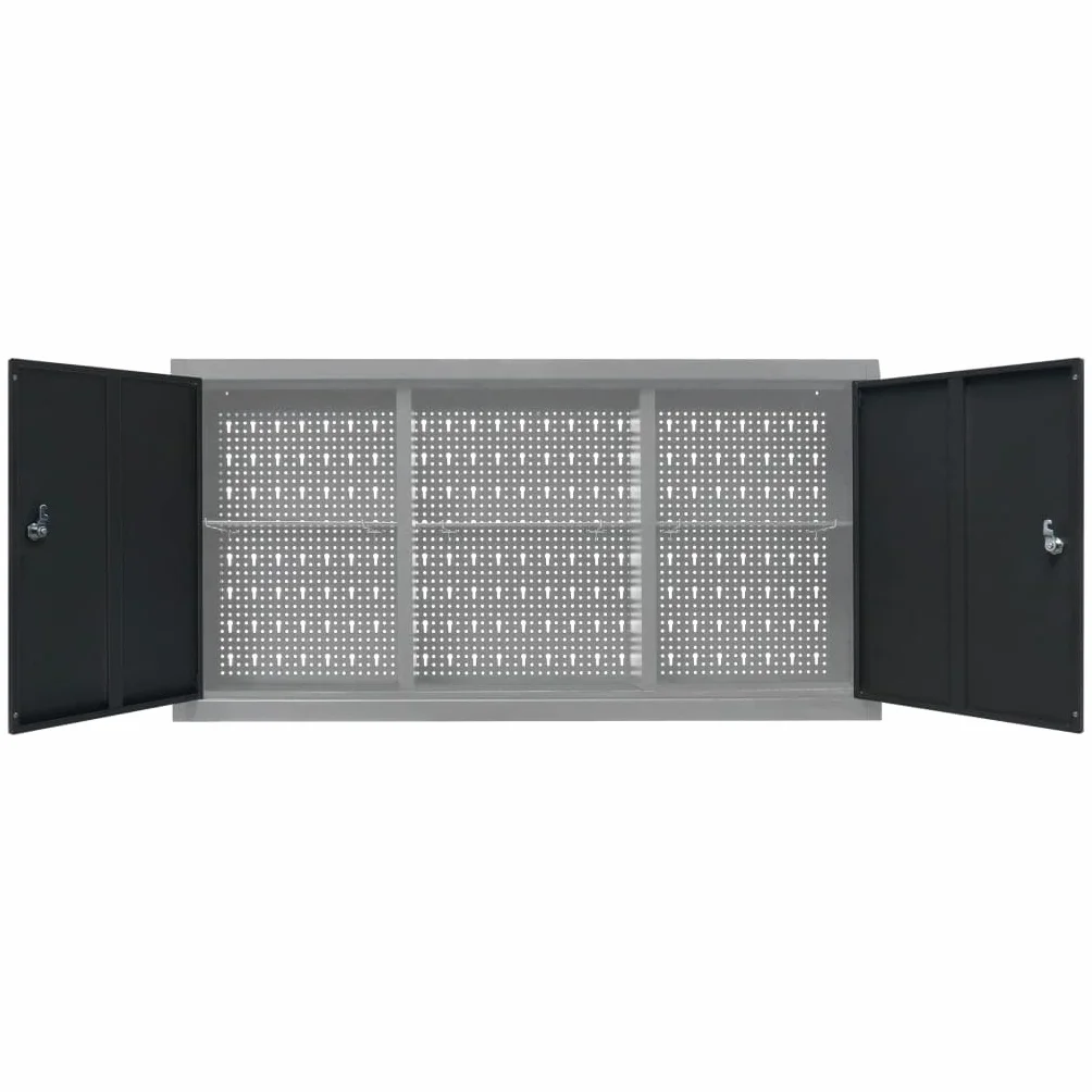 Ściana szafka narzędziowa w stylu przemysłowym, metalowa, szara, czarna, 120 x 19 x 60 cm, z 3 regulowanymi półkami, zamykana, do warsztatu, garażu, piwnicy, dla majsterkowiczów