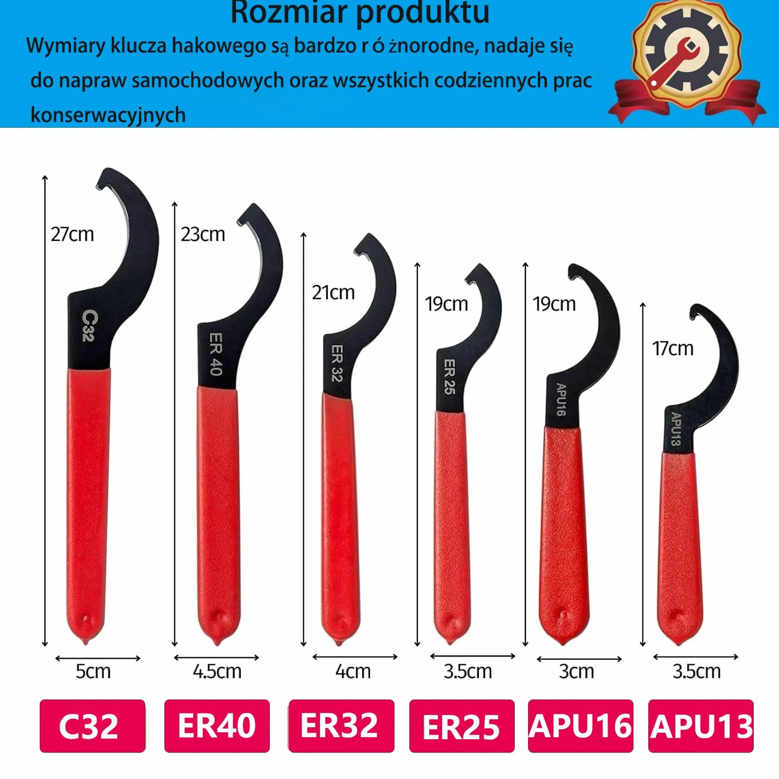 Klucz hakowy półksiężyc – Zestaw 6 kluczy CNC do uchwytów narzędzi – Rozmiary C32, ER40, ER32, ER25, APU16, APU13 – Do regulacji wysokości samochodu, amortyzatorów, łożysk