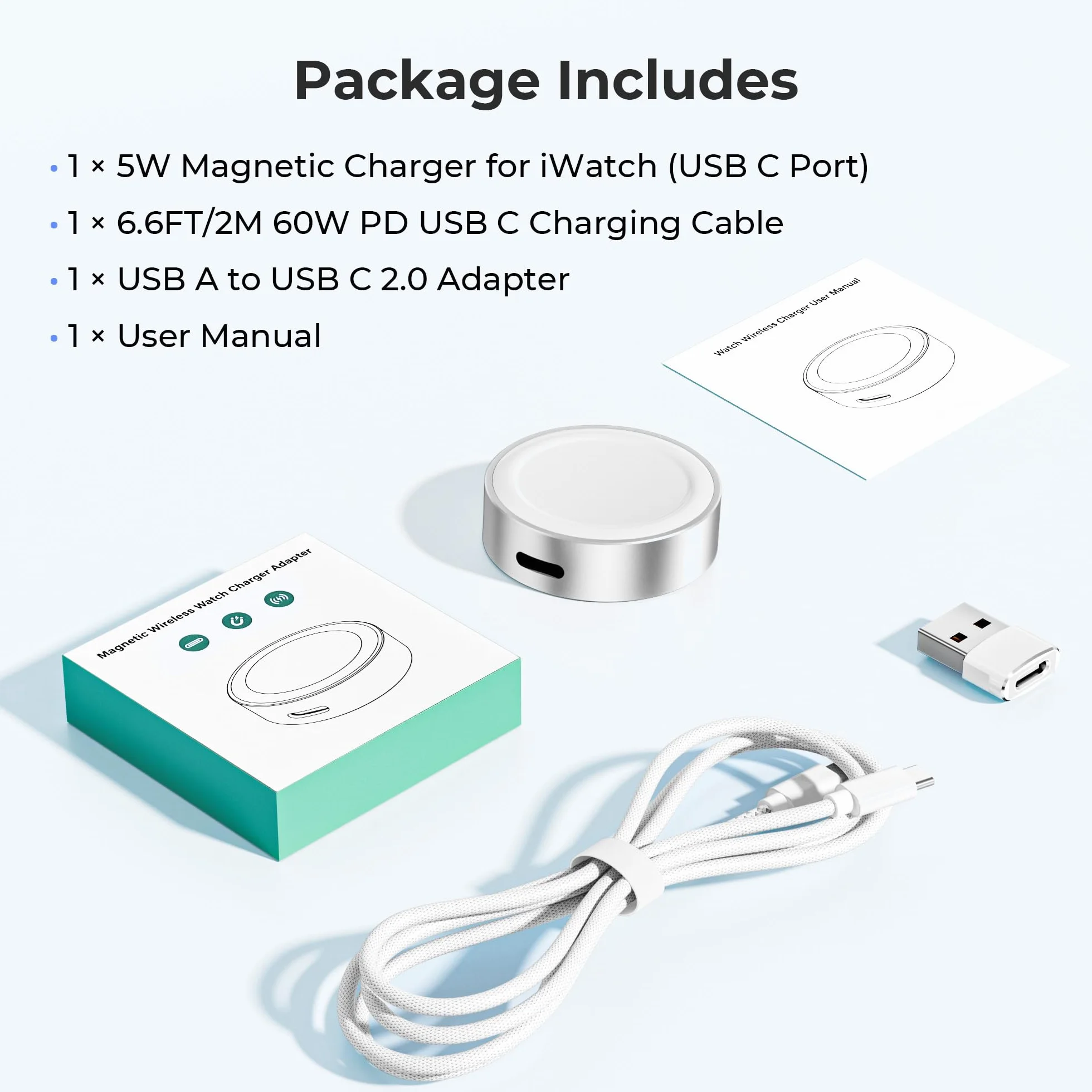 Basesailor Magnetyczna ładowarka do Apple Watch 11 10,Bezprzewodowa Baza ładowania USB C 5W,Zestaw Adapter z Kablem Typ C i złącze USB A,Kompatybilny z iWatch Series 9 8 SE Ultra,42 44 46,iPhone 17 16